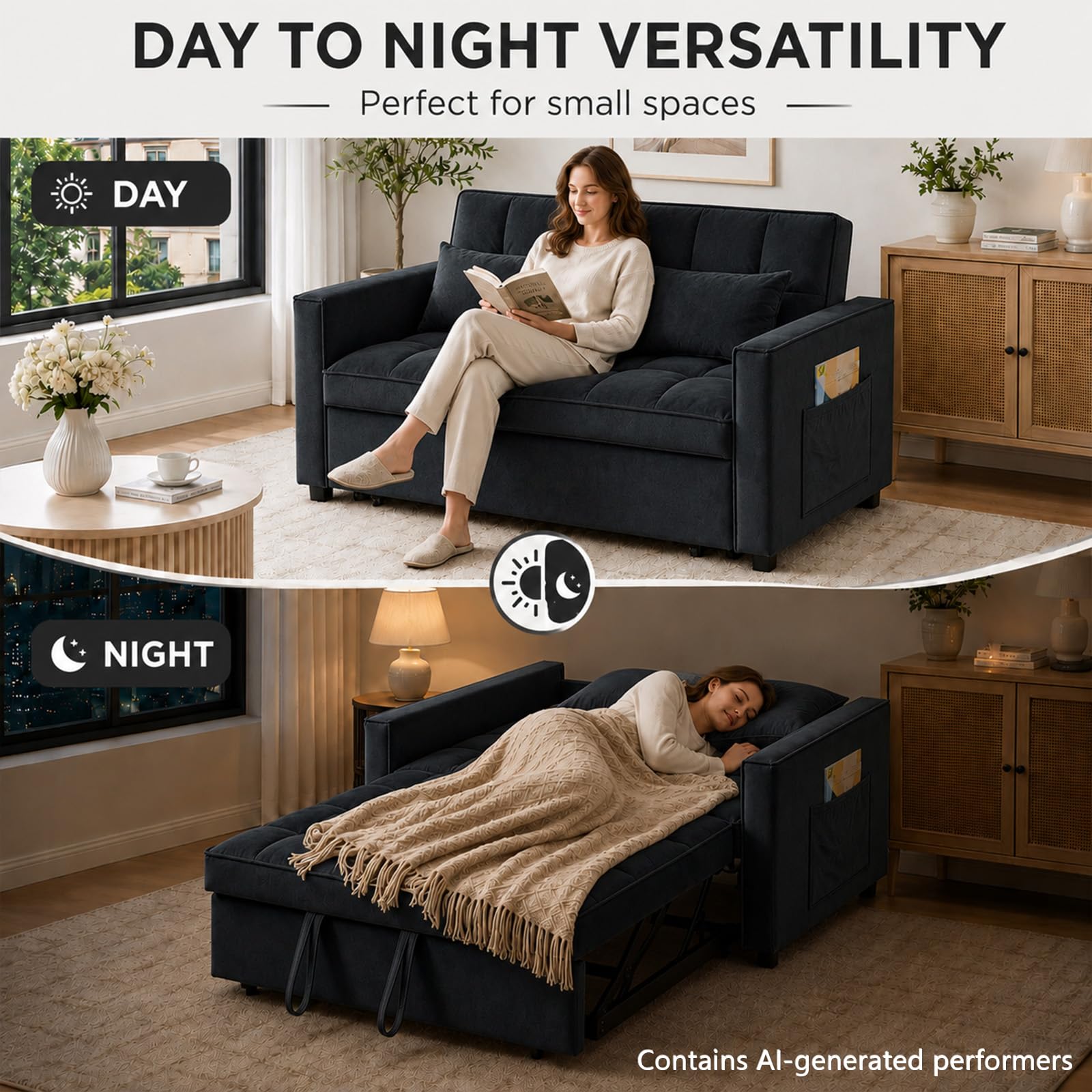3 in 1 Pull Out Couch Bed, Convertible Futon Sofa Bed, Velvet Sleeper Loveseat for Small Living Room, Adjustable Backrest, Comfy Pillows, Side Pocket (Black)