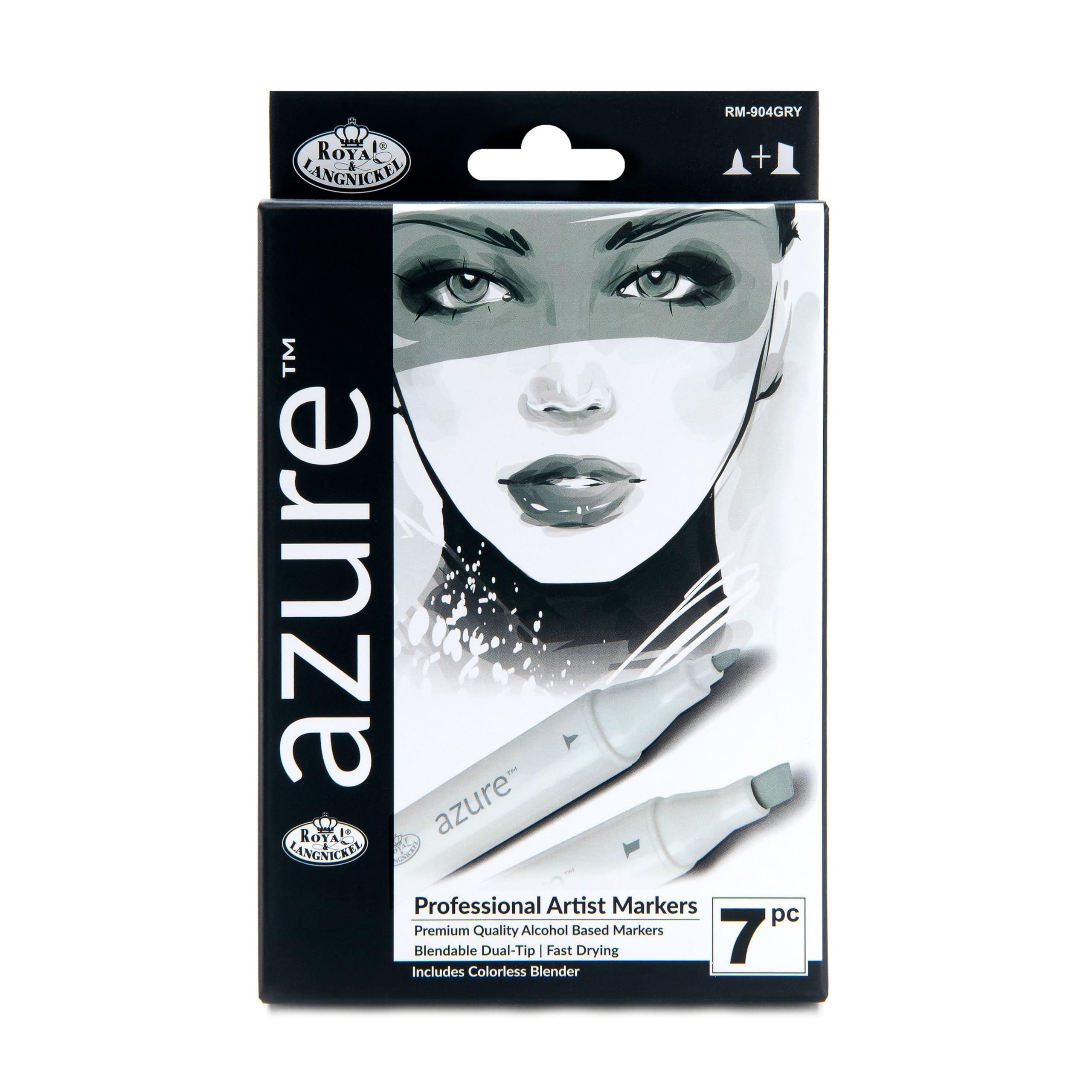 Royal & Langnickel Azure, 7pc Dual-Tip, Alcohol Based Marker Set, Includes - 6 Markers & 1 Blender, Grayscale Colors