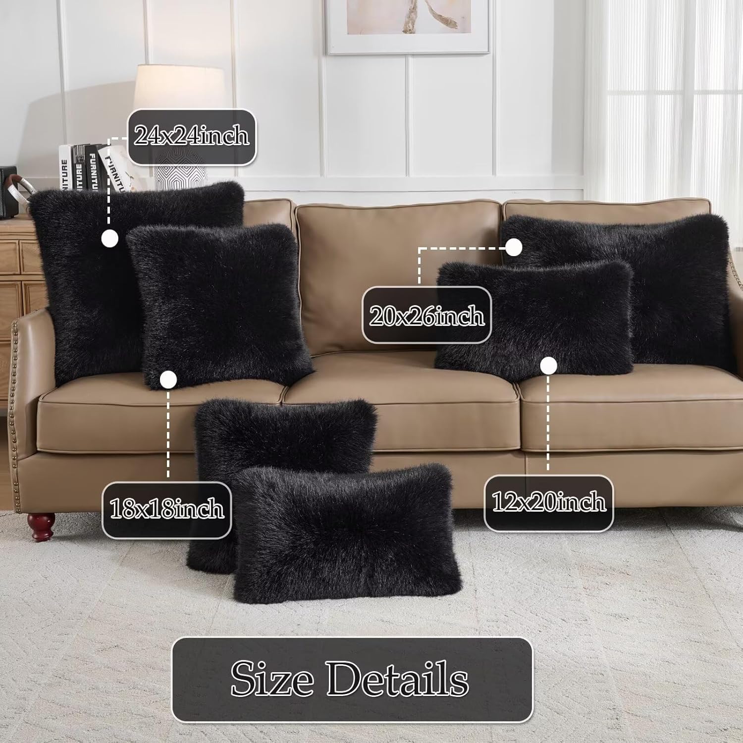 Decorative Throw Pillow Cover 18x18 Inch Set of 2,Super Soft Luxury Fluffy Fox Fur Pillowcase for Couch Sofa Bedroom Living Room Cushion Covers-Black