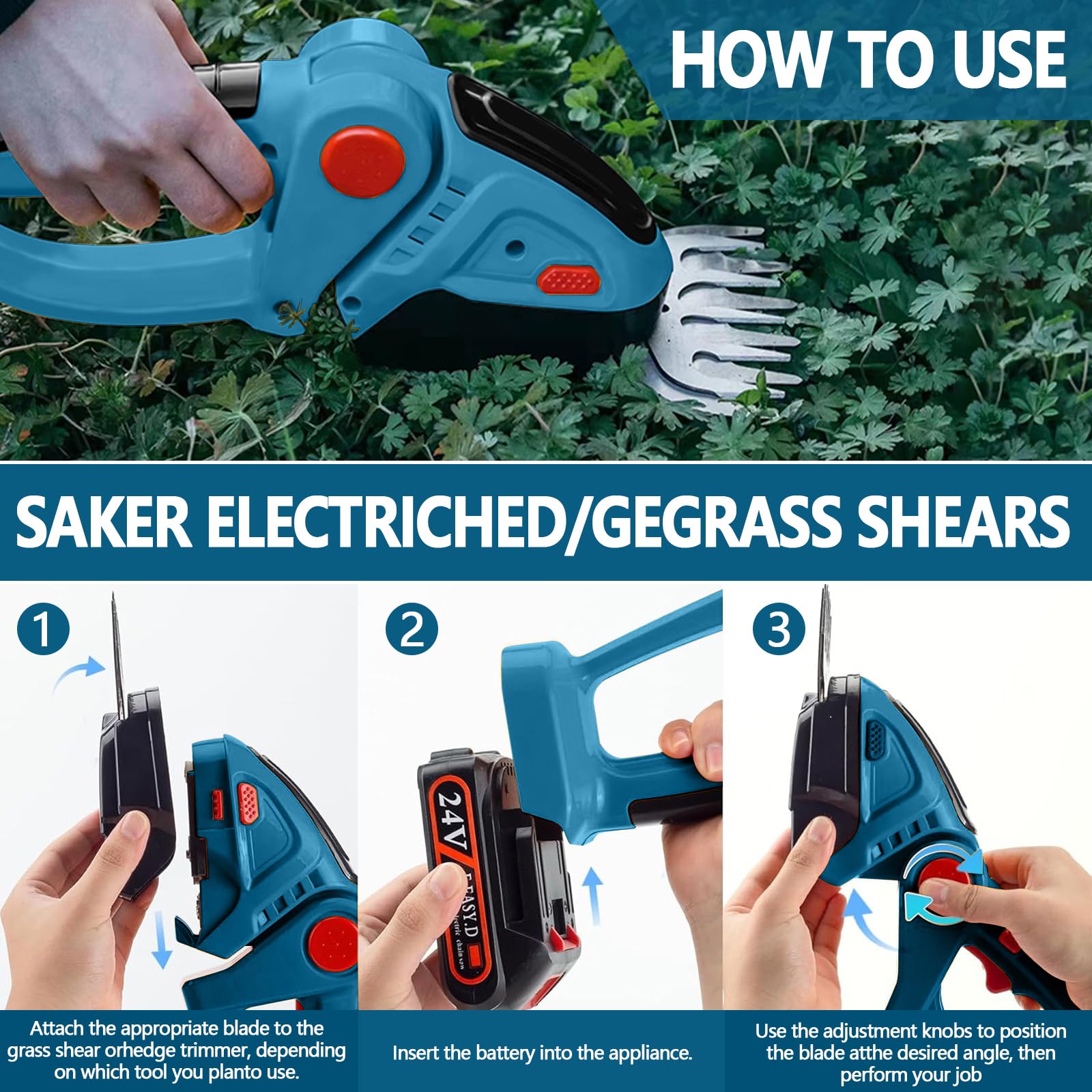 Sécateur Rocky&Chao Taille-haie et cisaille à Gazon sans Fil 24 V 2 en 1 avec 2 Batteries de 1500 mAh, Lames SK5 de 12 cm/23 cm