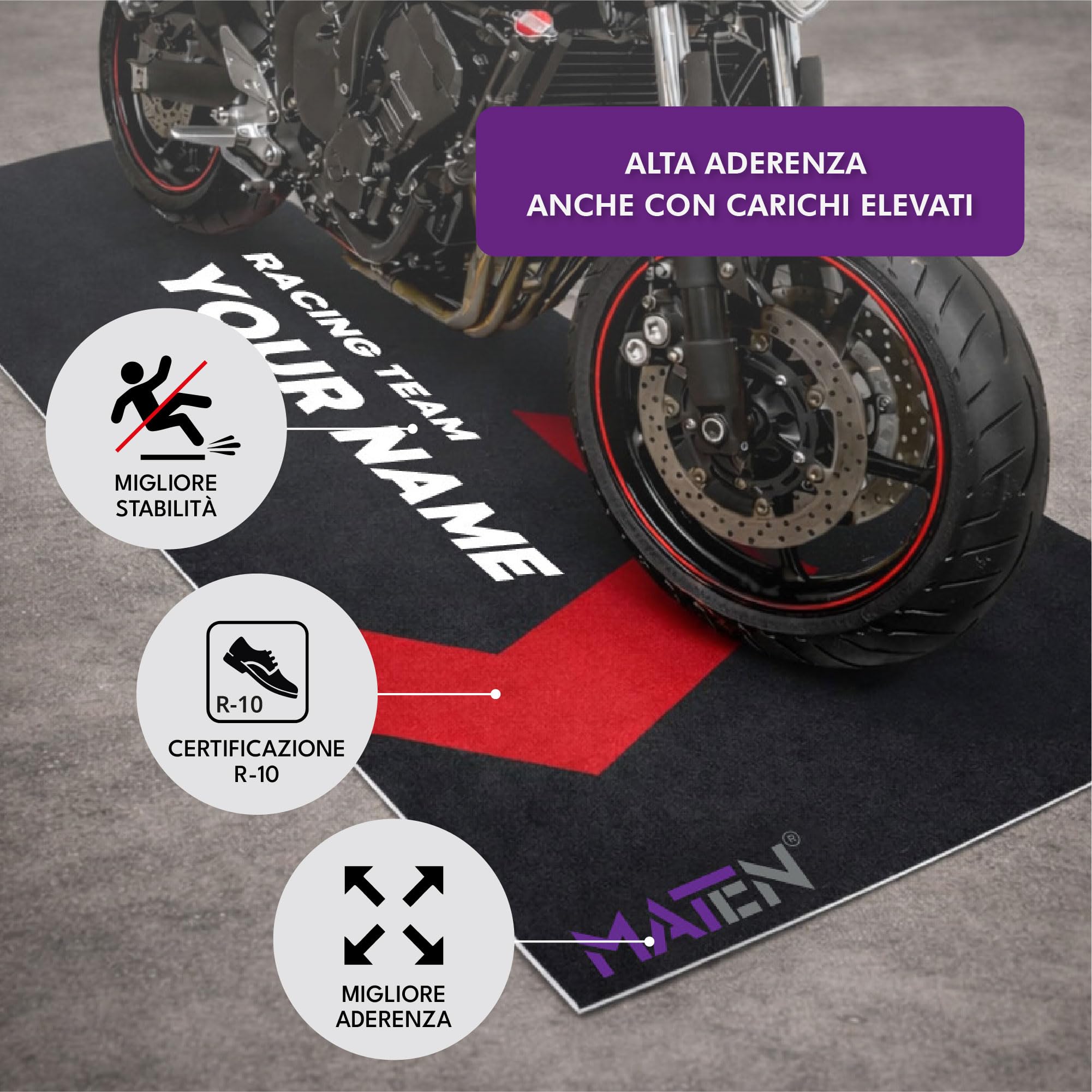 MATEN Tappeto Moto Garage Personalizzabile in PVC stampato, Fondo Antiscivolo, 2.5 mm, Ideale per Officina e Area Manutenzione, Made in Italy