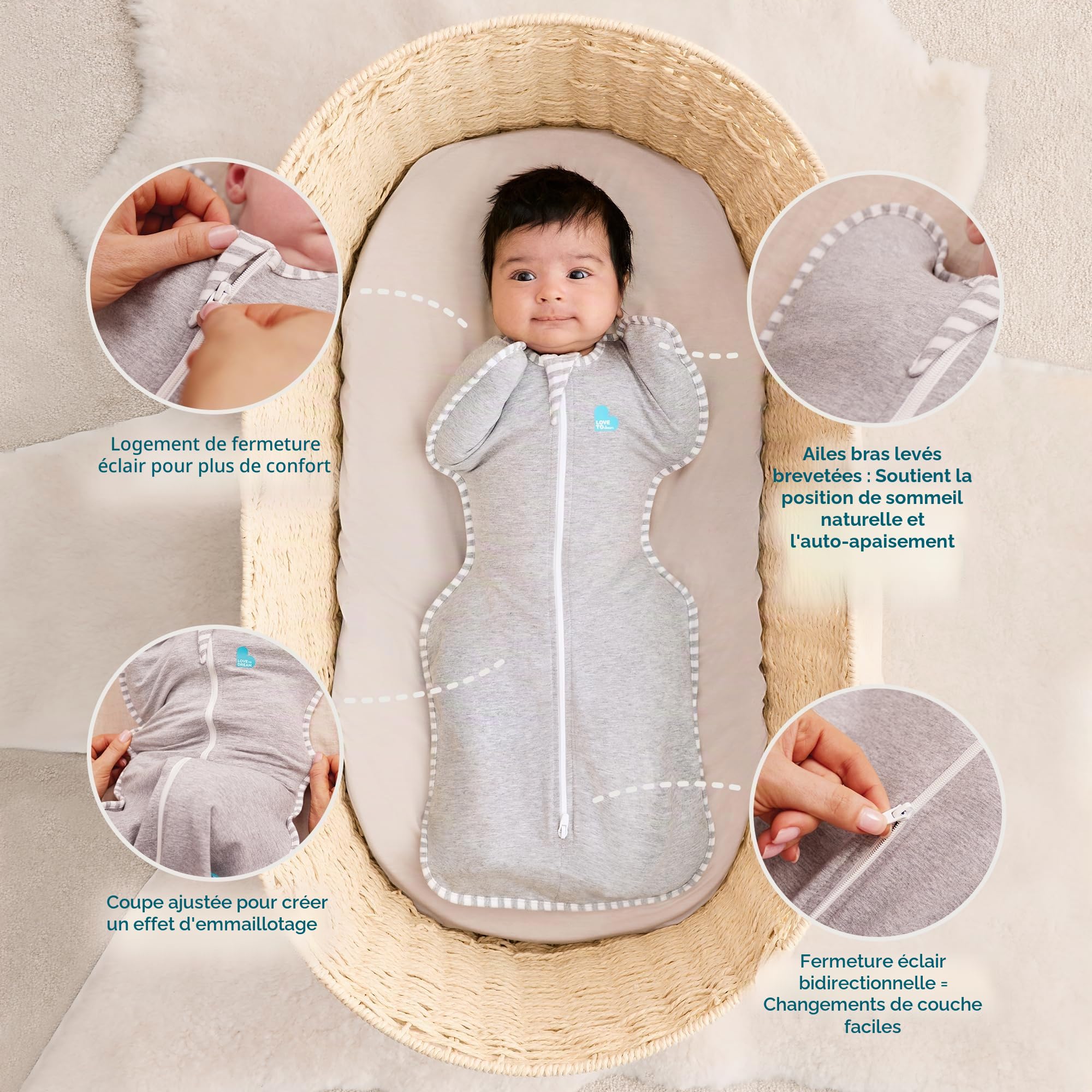 Love To Dream™ Swaddle UP™, Taille S (3,5-6 kg) – Lapins Nuages | Ajustement Parfait, Sommeil réparateur | 1,0 Tog | Printemps/été 20-24 °C | Coton | Fermeture éclair Double Sens
