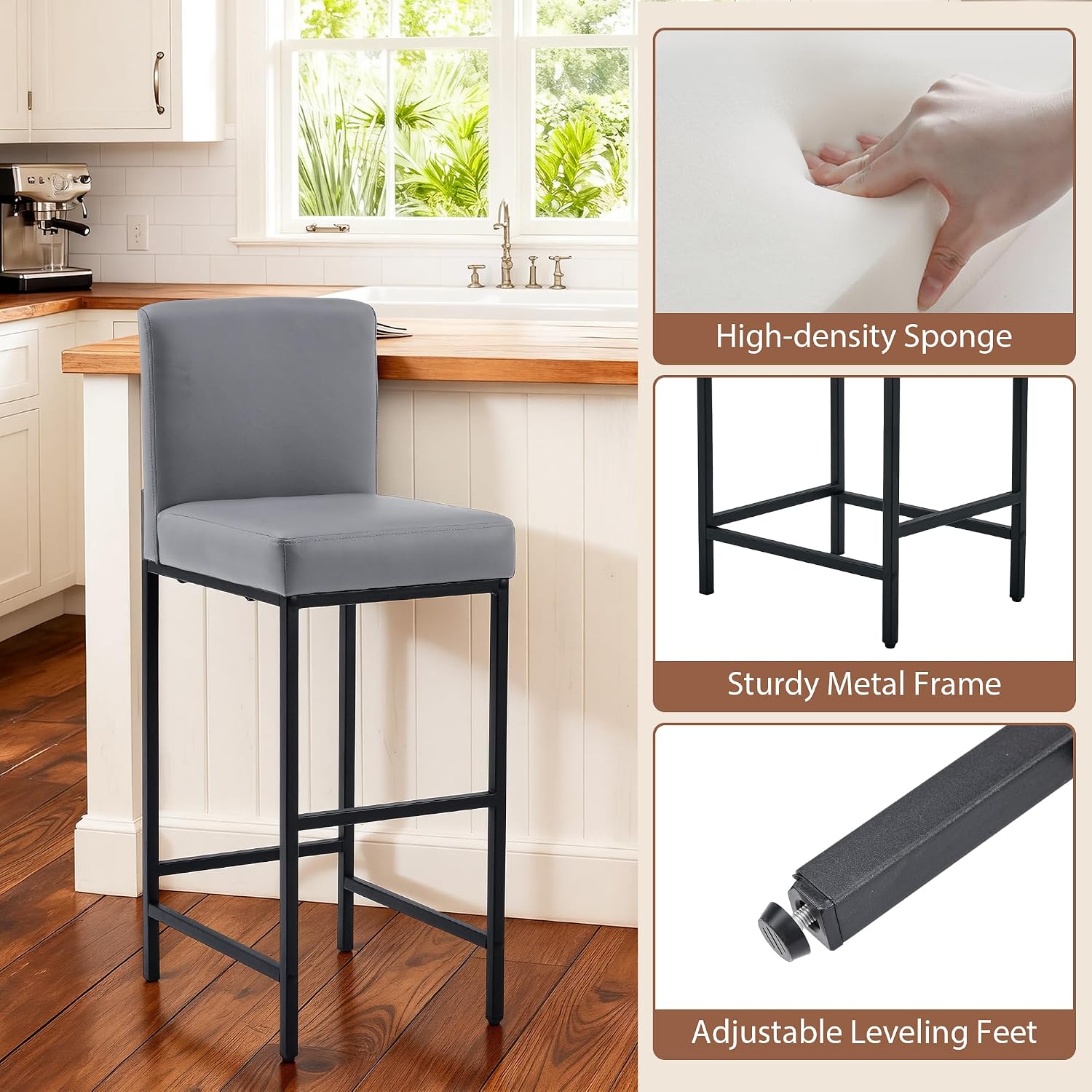 Bar Stools Set of 4, 30" Bar Height Barstools with Back, Upholstered Faux Leather Bar Chairs Modern Bar Stool for Kitchen Island & Home Bar, Metal Legs, Grey