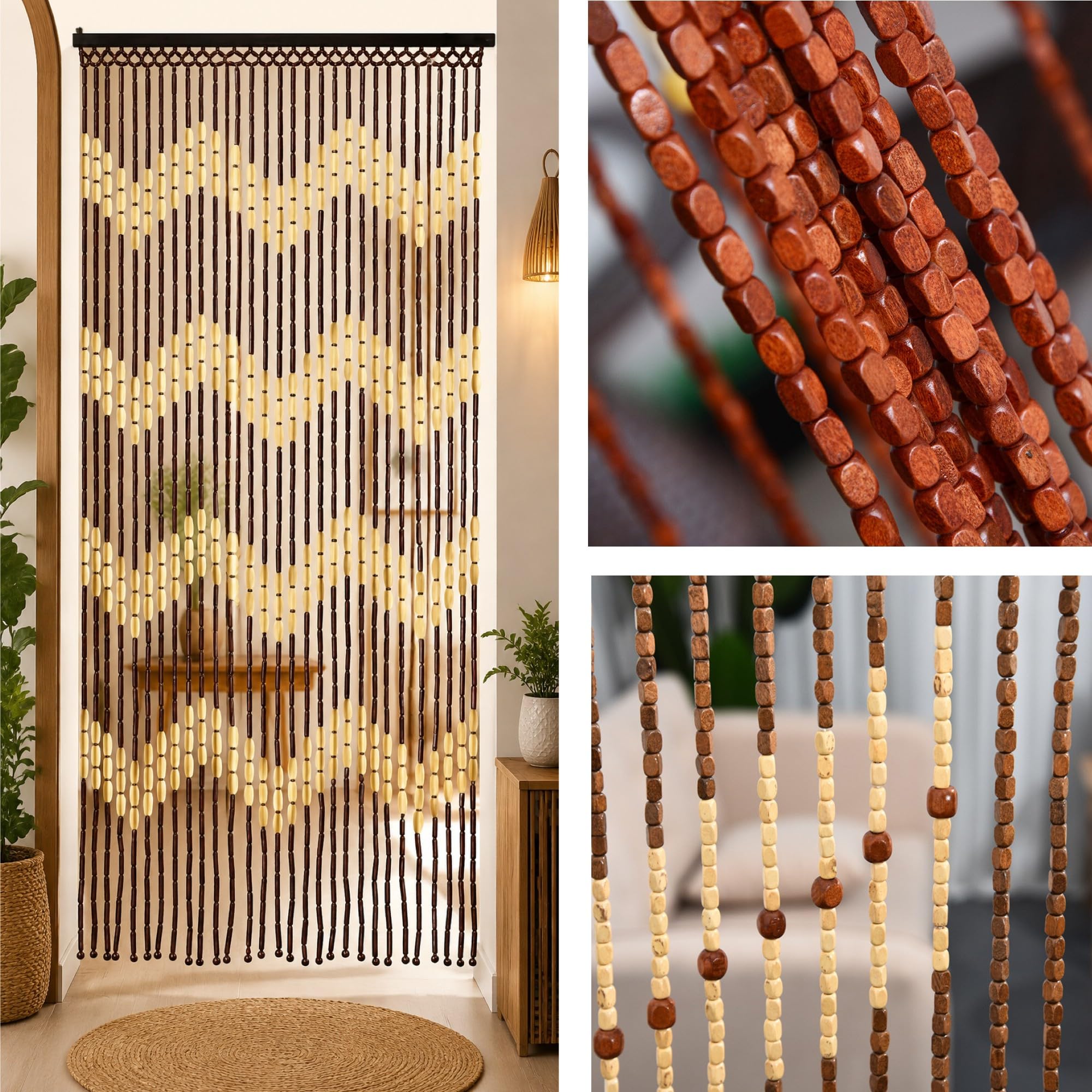 Bamboo Beaded Door Curtain Wooden Hanging Screen Blind Fly Insect Fly Insect Room Divider for Doors Doorways Window Home Privacy Decoration Panel Wave