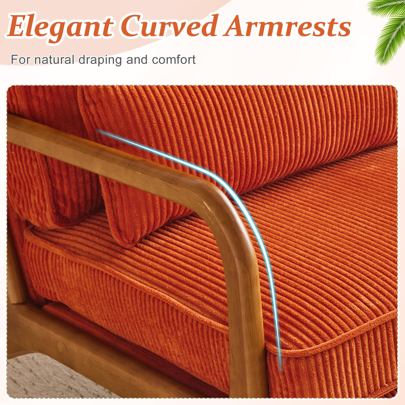 Bonnlo Sillón Butaca Individual de Salón, Estilo Nórdico Retro, Tapizado de Pana Acanalada Suave, Estructura de Madera Maciza, Cojín Incluido, 65×80×78 cm, Carga Máxima 150 kg (Naranja)