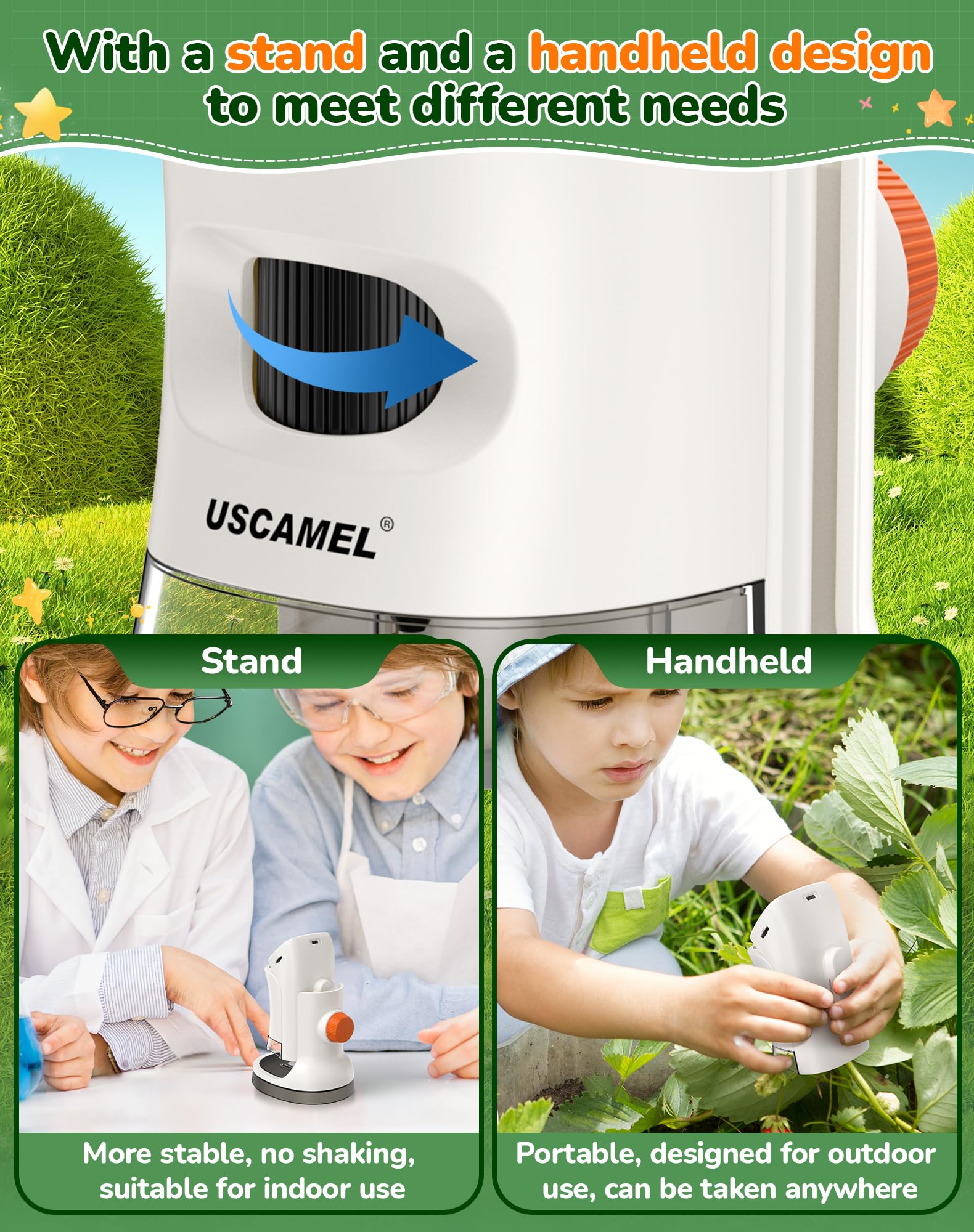 Microscopio portátil de mano para niños: microscopio digital de bolsillo 1000x para niños con pantalla LCD 4K de 2 pulgadas recargable por USB, tarjeta TF de 32 G, 15 diapositivas