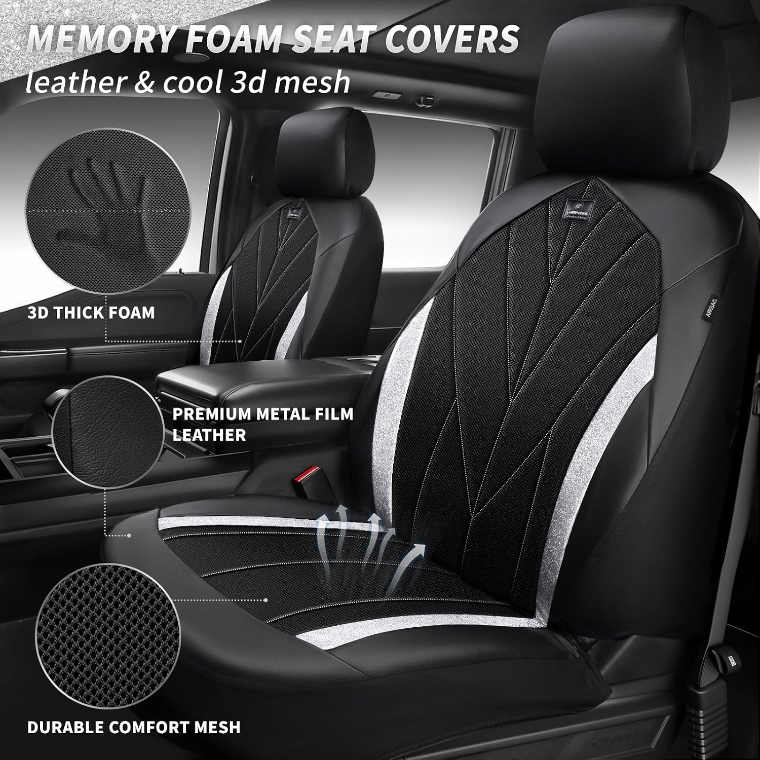 CAR PASS Memory Foam seat Covers Leather, Air Cool Mesh car seat Covers Front Seats 2, Universal FIT for Cars,SUV,Trucks, Comfortable-Durable-Breathable Airbag Compatible, Bling Silver Glitter
