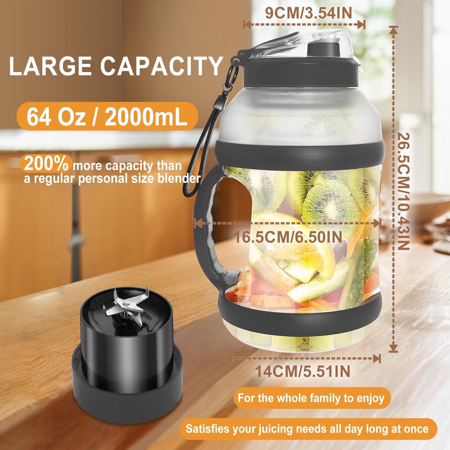 Portable Blender Personal Juicer for Shakes and Smoothies, 64 Oz On-The-Go Small Blender, Single Serve Blenders, Smoothie Maker with Type-C Rechargeable, Cordless (Dark Gray)