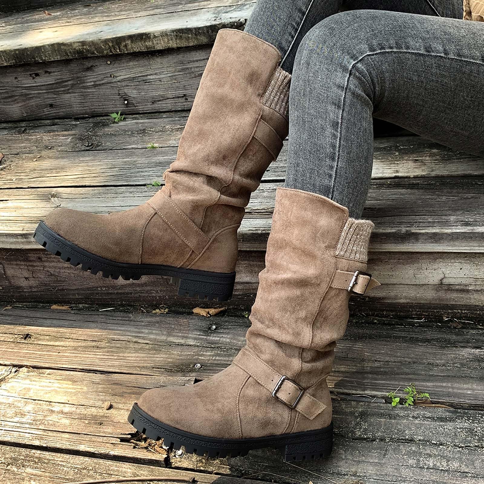 Botas por Encima de la Rodilla Botines de Ante Media caña, diseño sin Cordones con Correa Ajustable para Mayor Calidez en Invierno, cómodos e Informales.