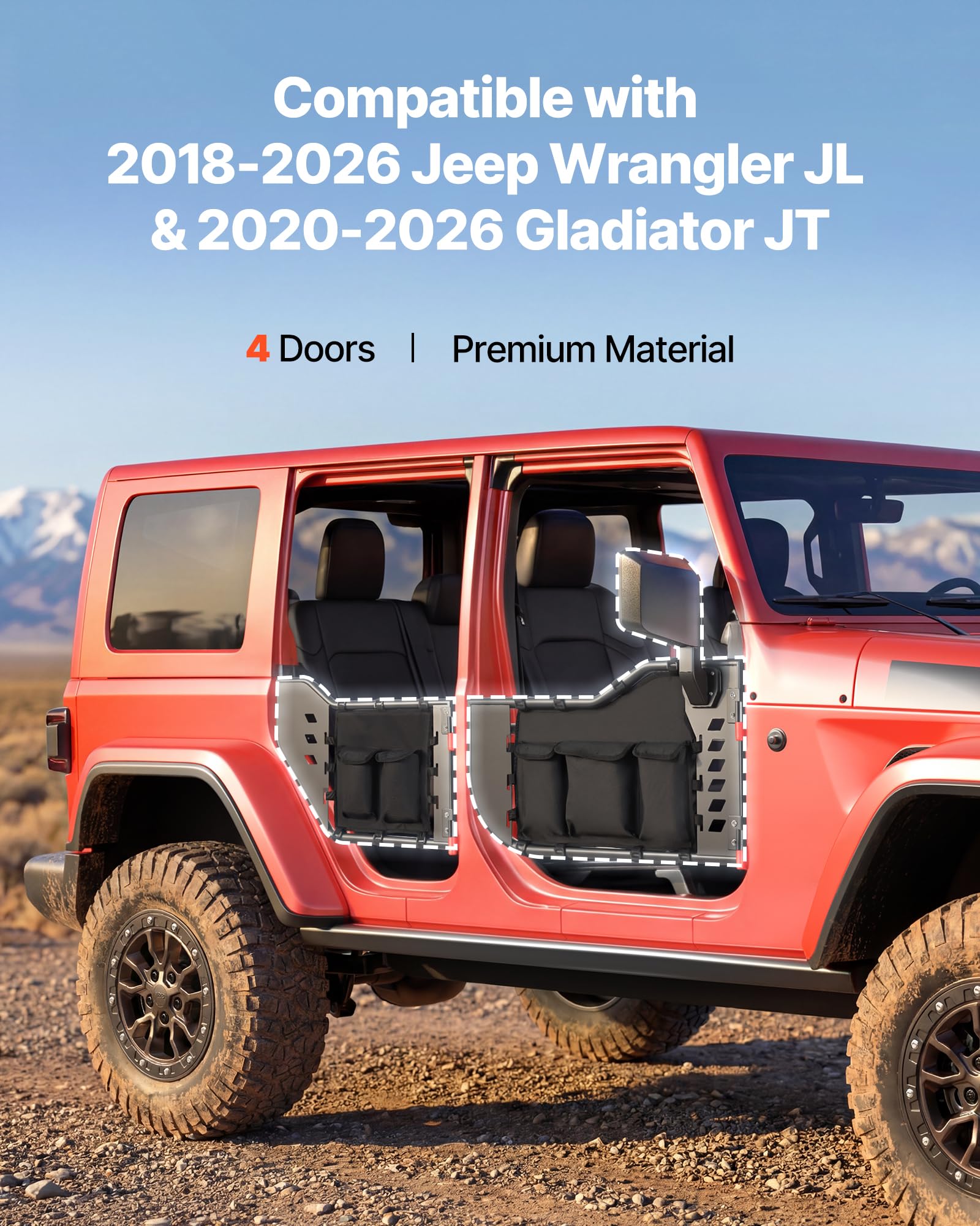 VEVOR Demi-Portes Tubulaires pour Jeep, Kit de 4 Portes avec Rétroviseurs, Compatible avec Jeep Wrangler JL 2018-2026 et Gladiator JT 2020-2026, Portières pour Tout-Terrain avec Poches de Rangement