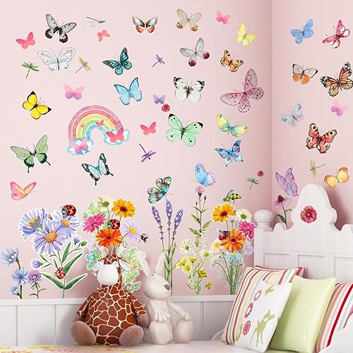 Miniatura 1 de Supzone Calcomanías de pared de mariposas y flores, calcomanías de pared florales de crisantemos, libélulas, calcomanías de pared de mariposas