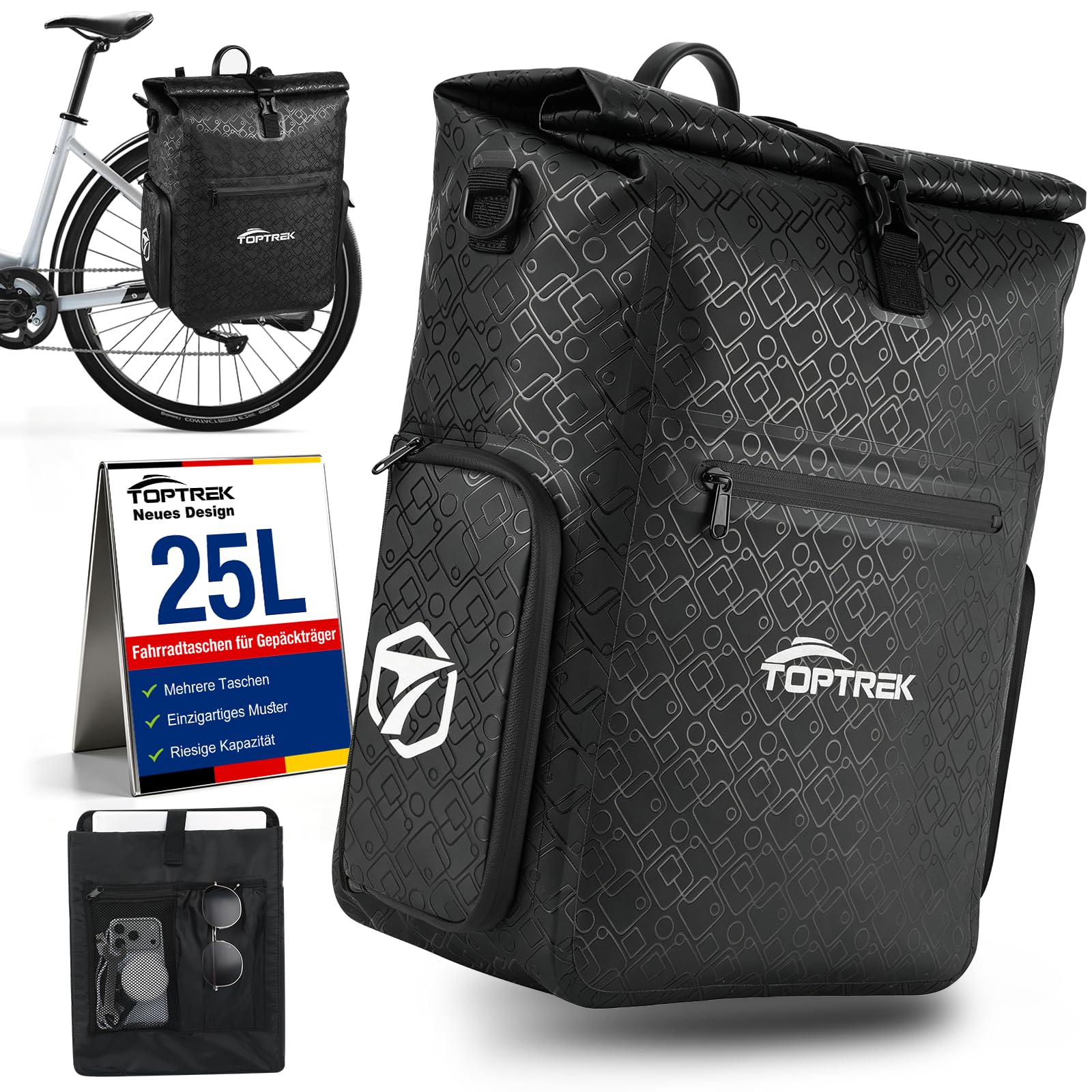 toptrek Fahrradtasche für Gepäckträger mit Aussenfach, 25L Wasserdicht Gepäckträgertasche mit Abnehmbar Innentaschen, Abschließbar Fahrrad Taschen Hinten mit Tragegriff und Schultergurt
