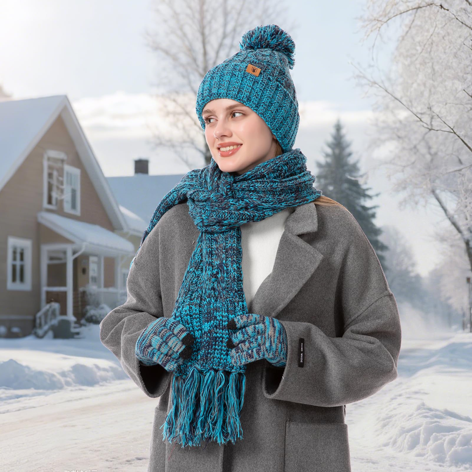 Conjunto Bufanda y Gorro y Guantes Táctiles Mujer Invierno Gorro Bobble