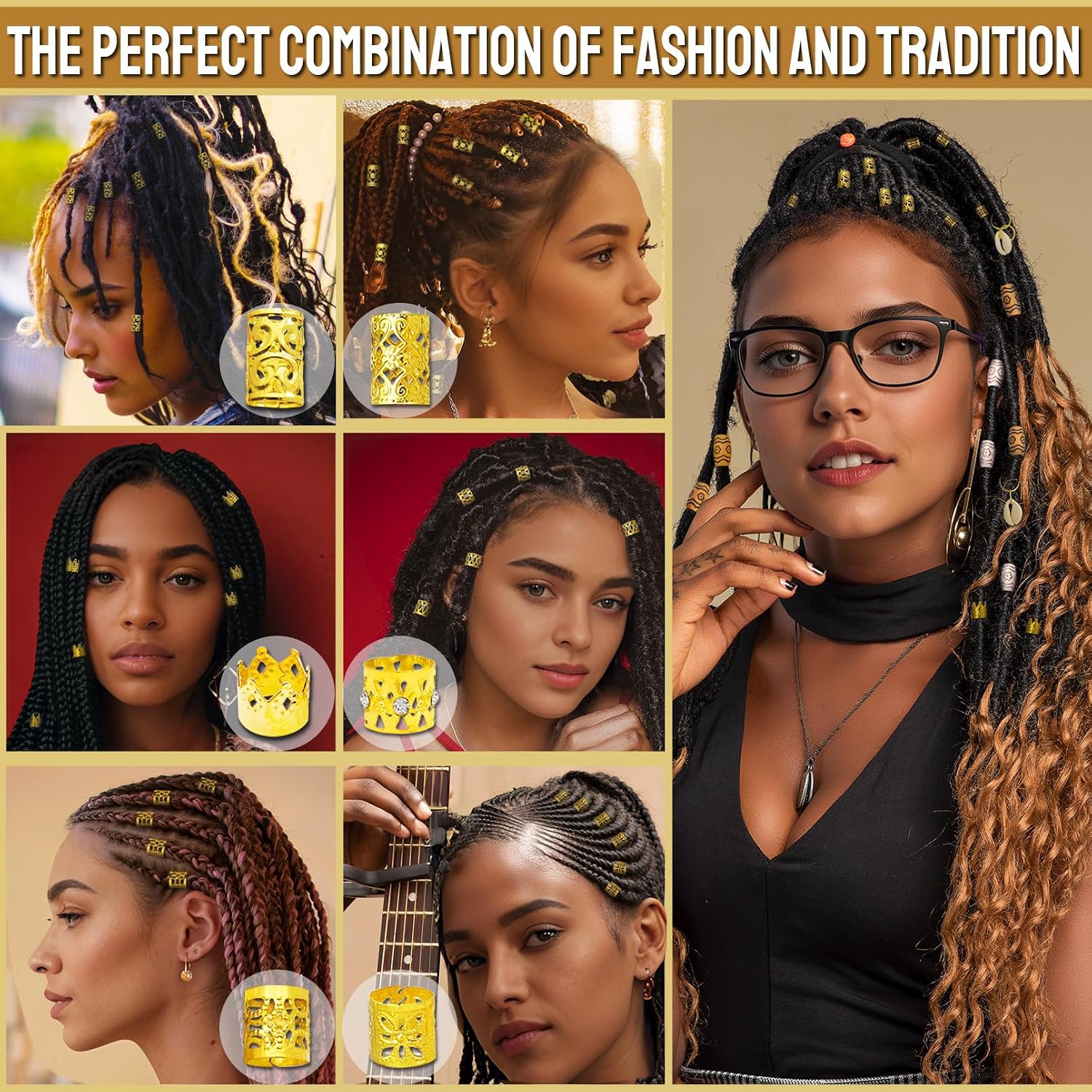 Fscwlmon 235 Pcs Hair Jewelry Hair Charms for Women Braids,Loc Jewelry for Hair Dreadlocks,Accessories Hair Decoration Cuffs Coils Rings Hair Beads Shell Pendants Wood-Like Beads for Women Men Golden image 5