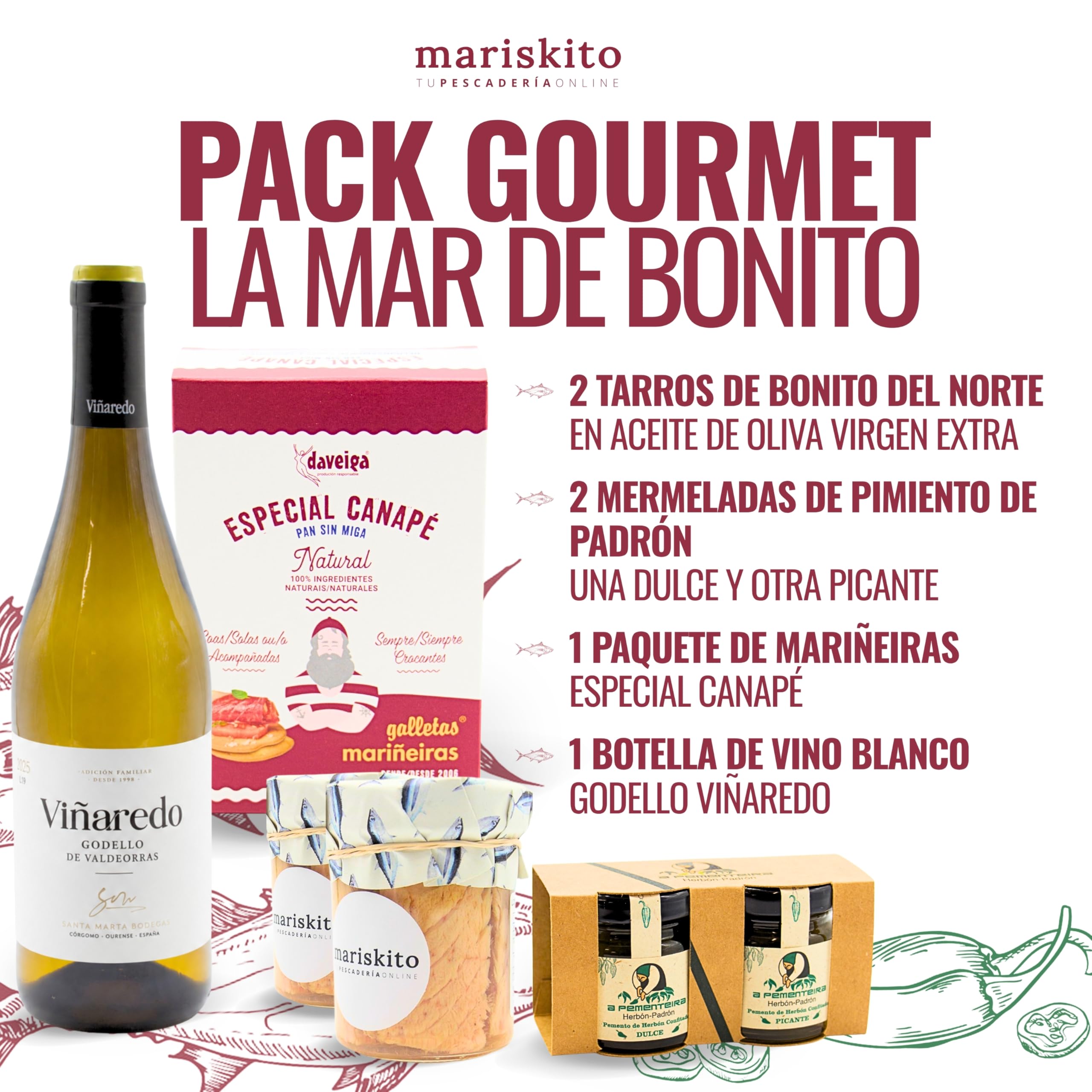 MARISKITO | Caja Regalo Gourmet con Vino Godello, 2 Tarros de Bonito, Mermelada de Pimiento y Mariñeiras – Pack Delicatessen Gallego para Regalar – Lote Gourmet para Navidad, Empresas y Celebraciones