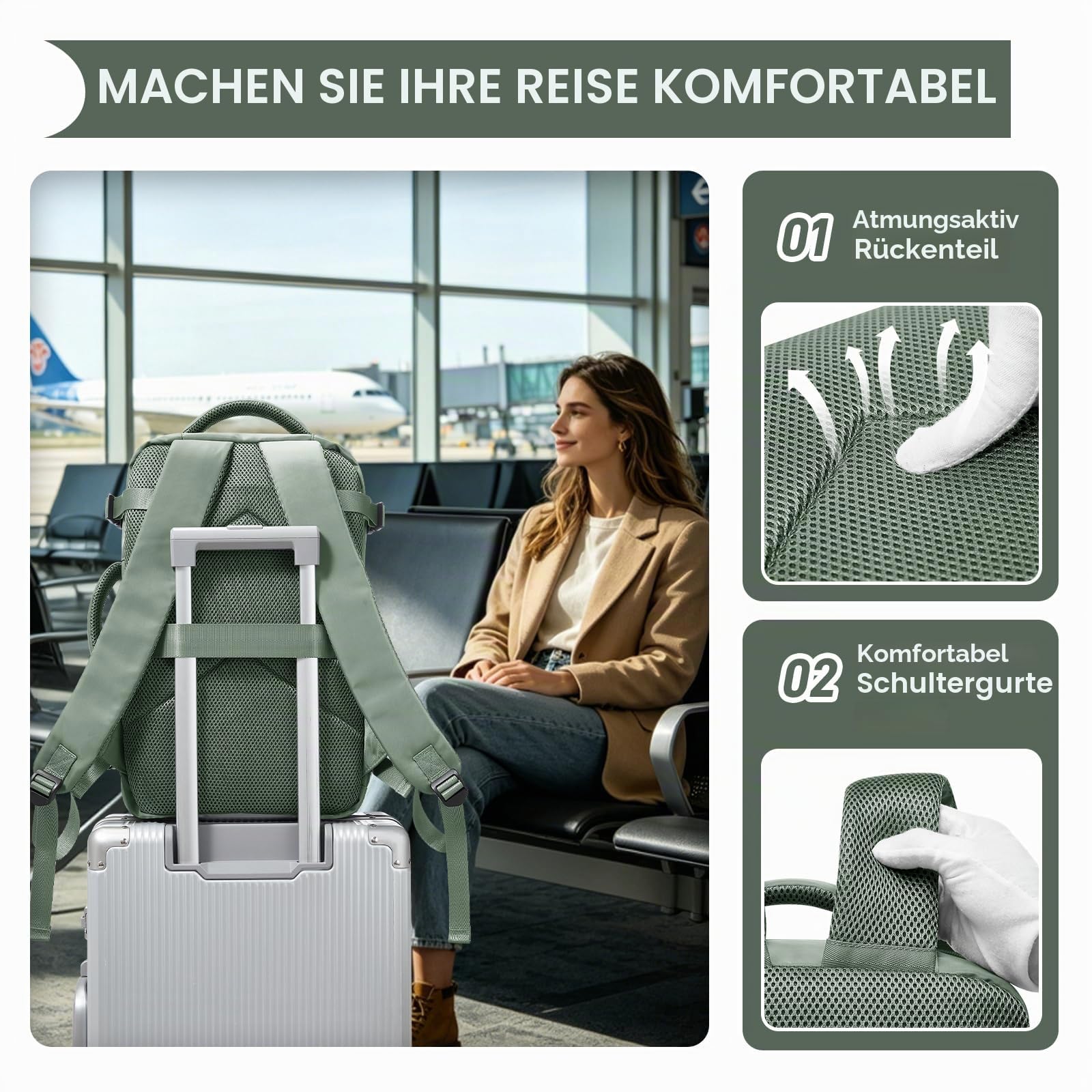 Vakuum Rucksack 40x30x20 mit Pumpe Ryanair Handgepäck 40x30x20 Rucksack Handgepäck Flugzeug Reiserucksack Vakuum Mit Vakuumsystem Damen Herren Grün