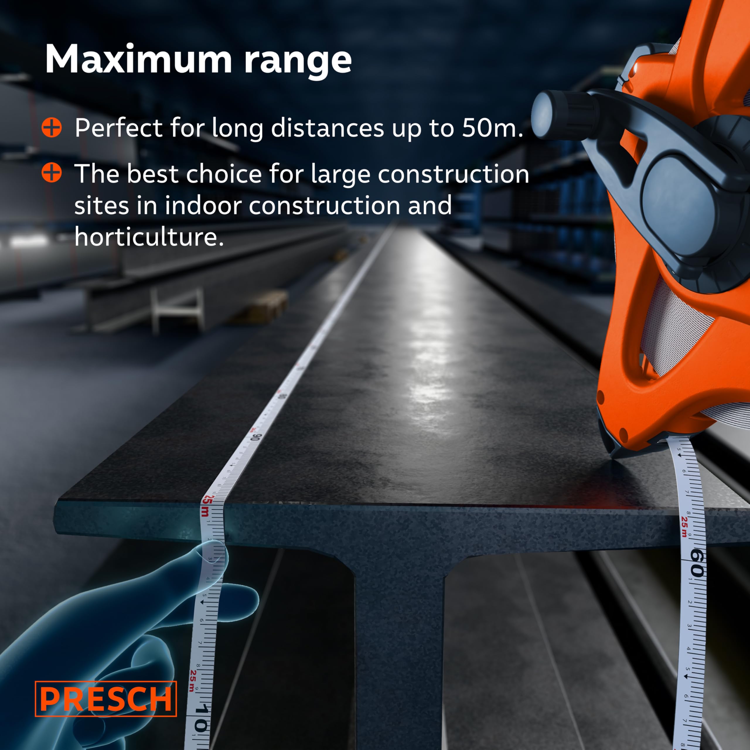 Presch Tape Measure 50m, Fast return thanks to 3:1 gearbox, Weather-resistant Fibreglass Surveyors measuring tape - Image 3