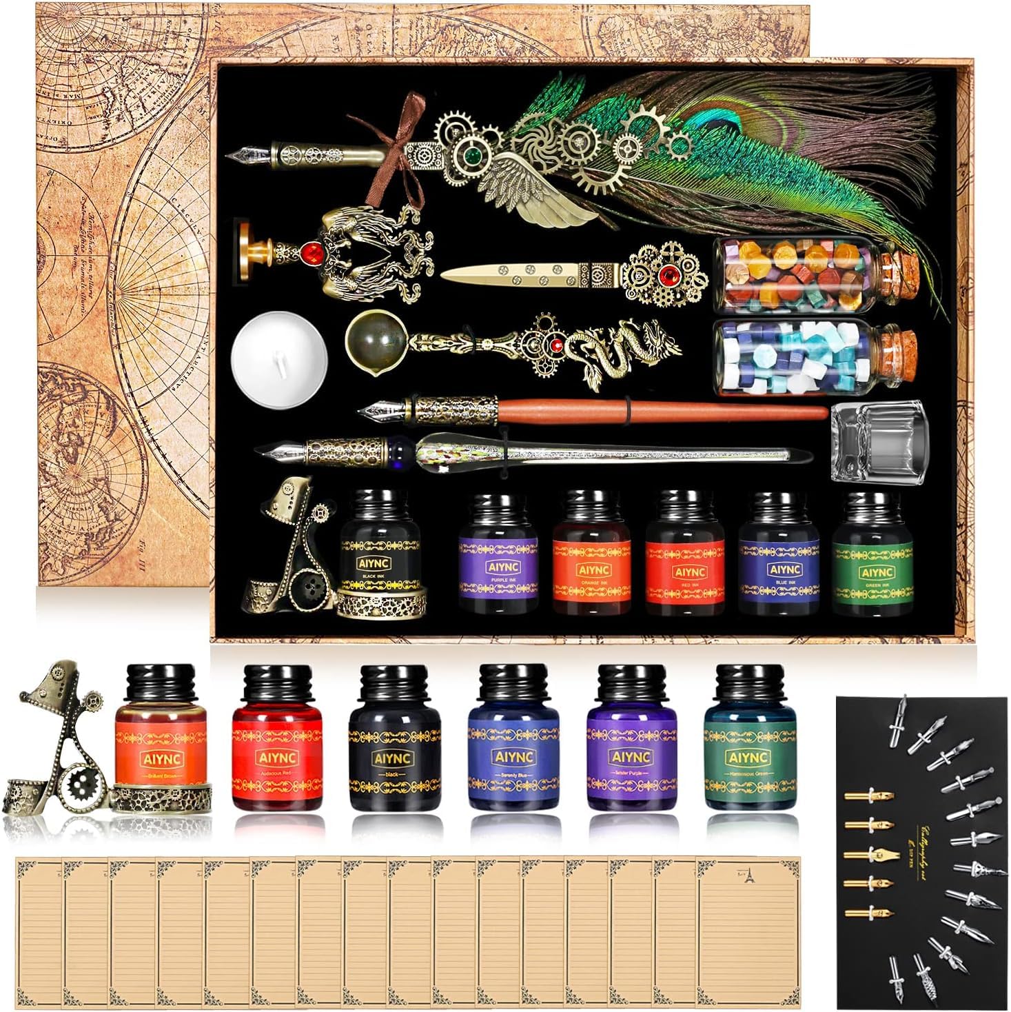Quill Pen Lot d'encre avec stylo plume en bois, 6 bouteilles d'encre, 16 feuilles de papier à lettres, 2 enveloppes, 17 plumes, porte-stylo, 2 bouteilles de cire laquée feu, tampon,