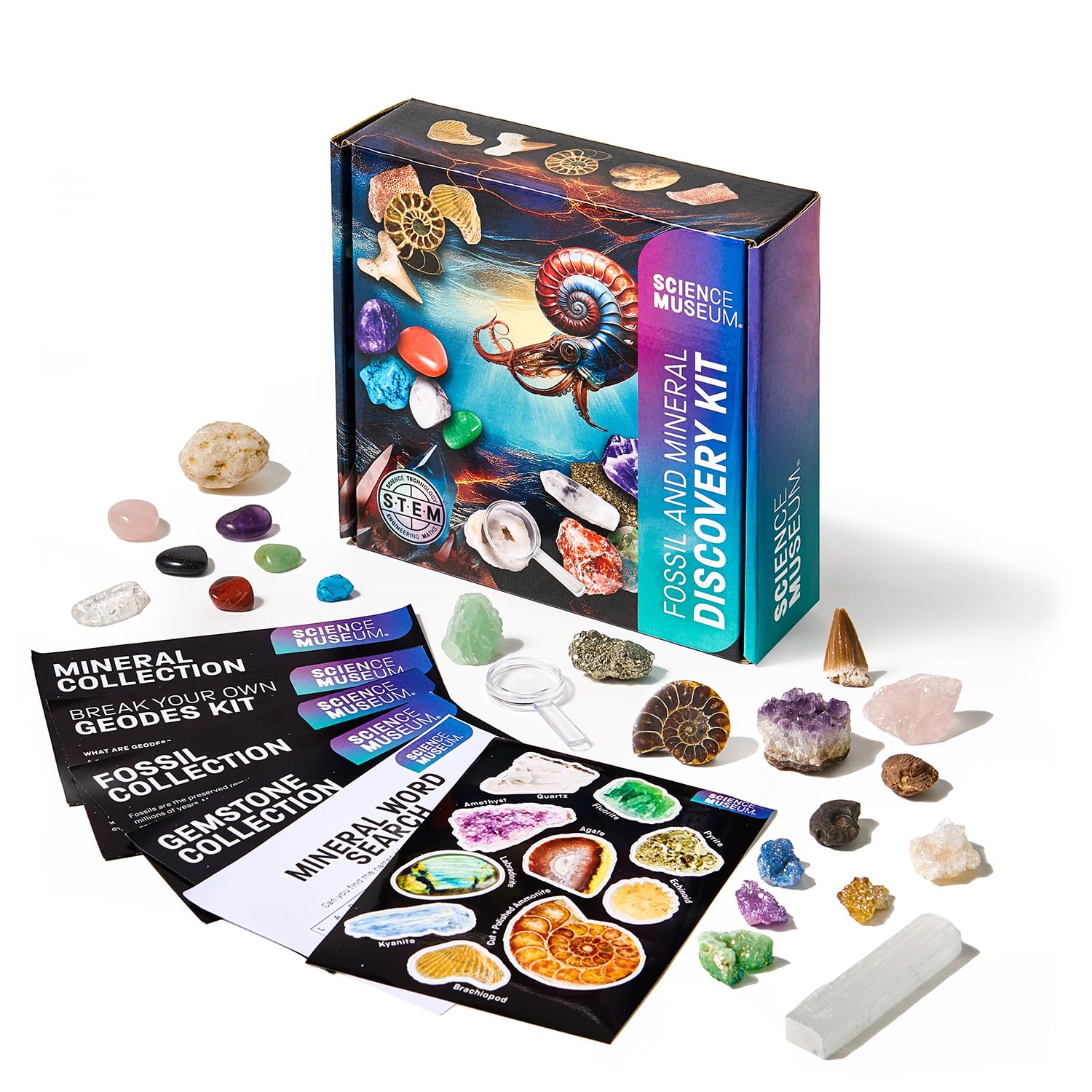 Science Museum Fossil & Mineral Discovery Kit – Real Fossils, Crystals & Gemstones, Educational STEM Activity Set with Magnifier, Ages 8+