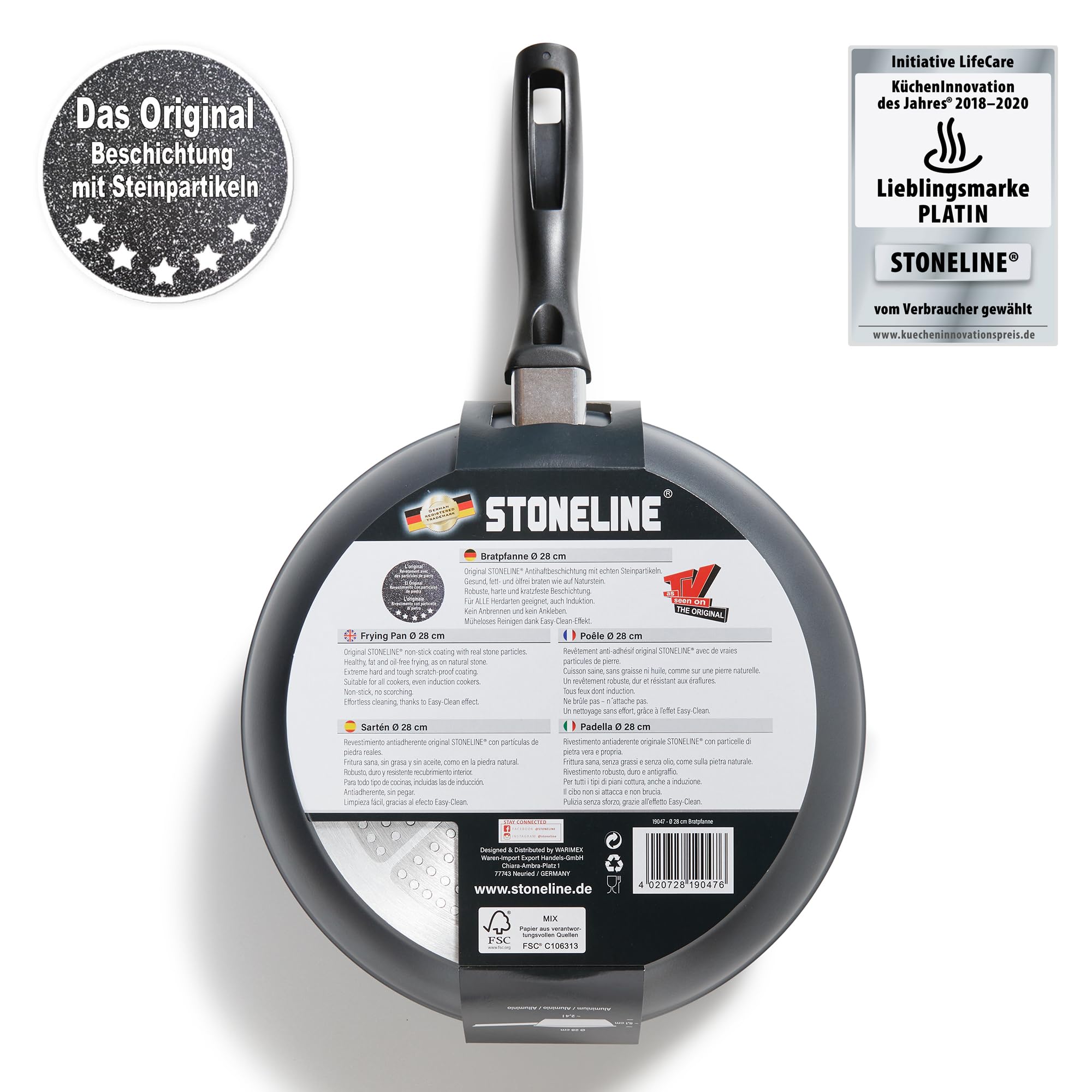 STONELINE Poêle à Frire 28 cm, adaptée à l'Induction, Revêtement Antiadhésif avec de vraies particules de pierre, Cuire, Rotir et Mijoter sans Huile ni Graisse