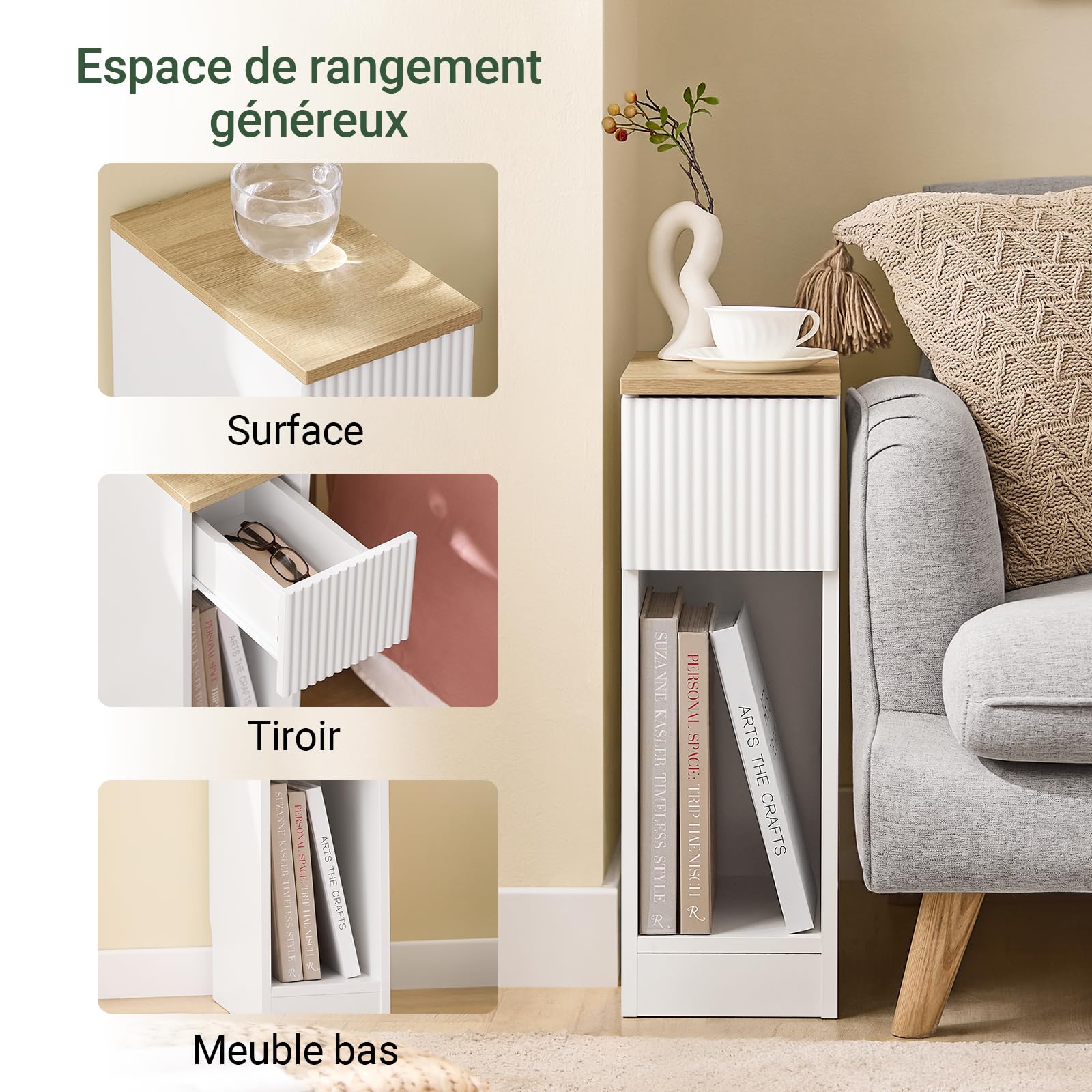 SoBuy Table de Chevet etroite 20cm avec façade ondulée de tiroir 20x35x60cm | Table de Nuit Table d'appoint avec design de plinthe, gain de place pour chambre, salon et petits espaces, Blanc, FBT111-W