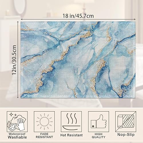 Miniatura 2 de Juego de 6 manteles individuales de mármol, color azul y dorado, elegantes manteles individuales de mármol, resistentes al calor, lavables,