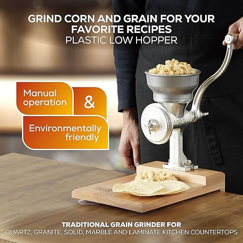 Miniatura 2 de Corona Molino de grano de hierro fundido con mesa de madera, molinillo manual con mesa para maíz, arroz, lentejas, garbanzos, molinillo de hierro