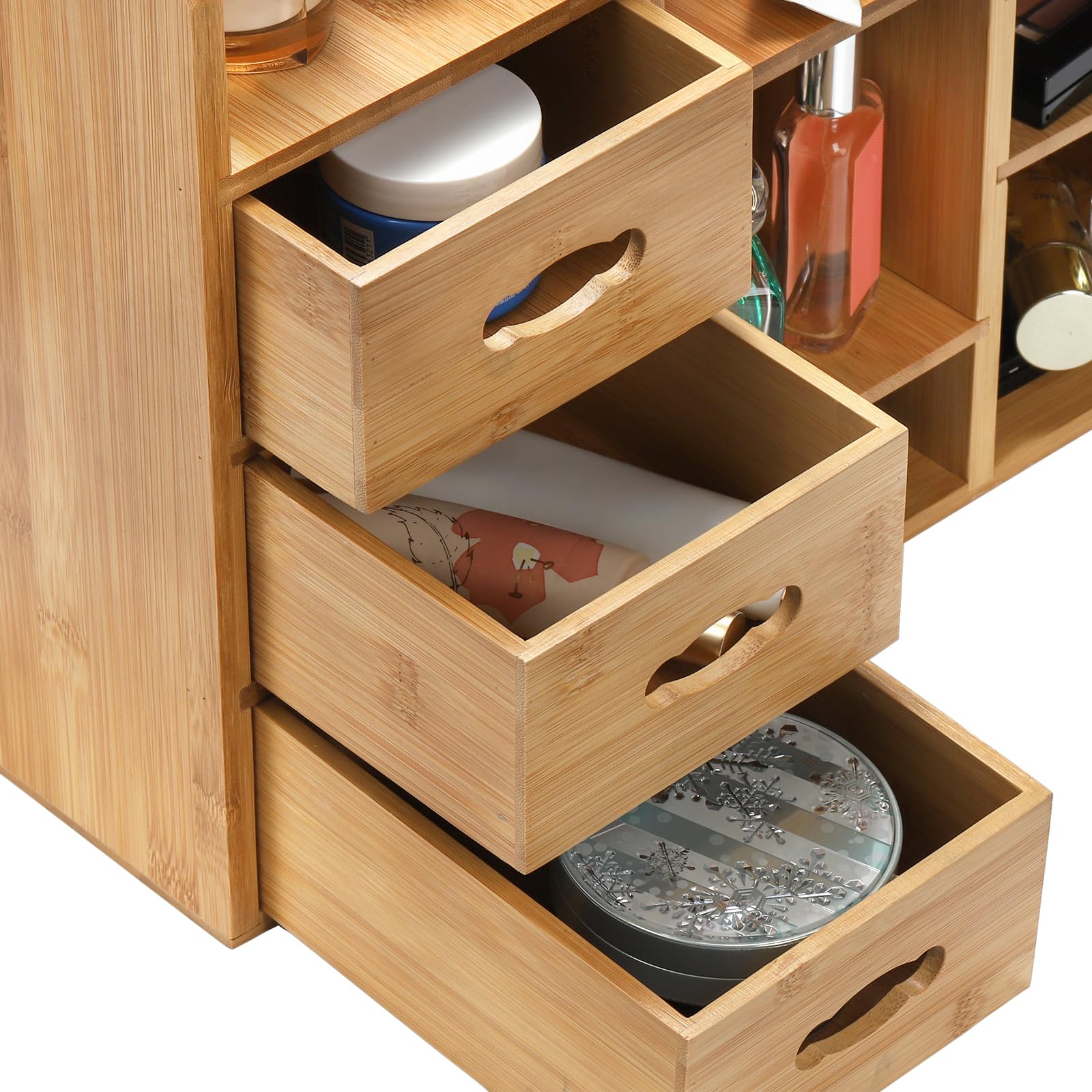 Coloch Make-up-Organizer aus Bambus mit Schubladen, multifunktionale Kommode, Make-up-Aufbewahrung, Tisch-Organizer, Regal für Schreibtisch, Hautpflege, Kosmetik-Display, Schreibwaren-Aufbewahrung