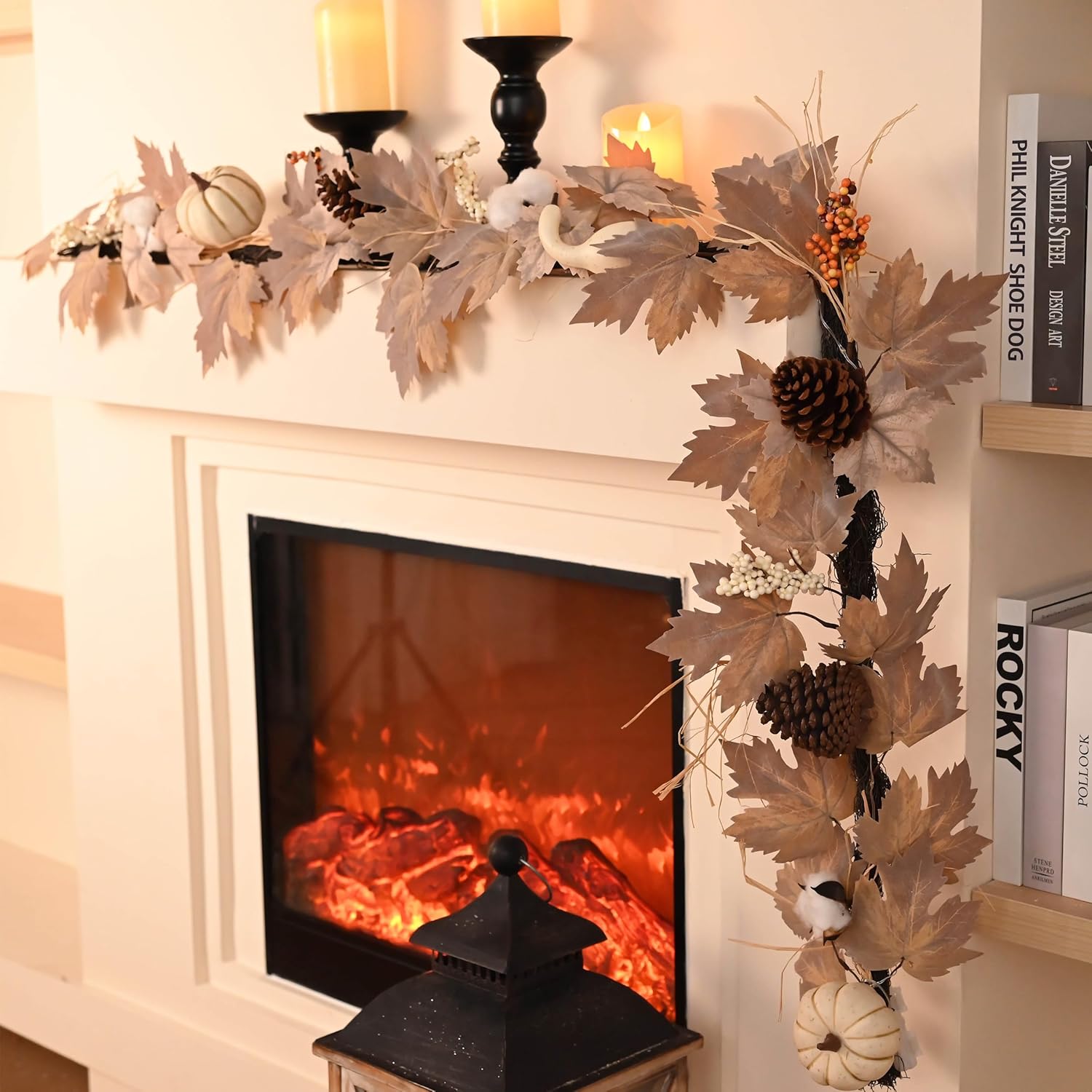 Valery Madelyn Fall Maple Leaves Garlands for Mantle, 6ft Halloween Garlands with Pumpkins Lights for Table Centerpiece, Thanksgiving Harvest Decorations for Home Mantle Fireplace Outdoor Decor-Brown