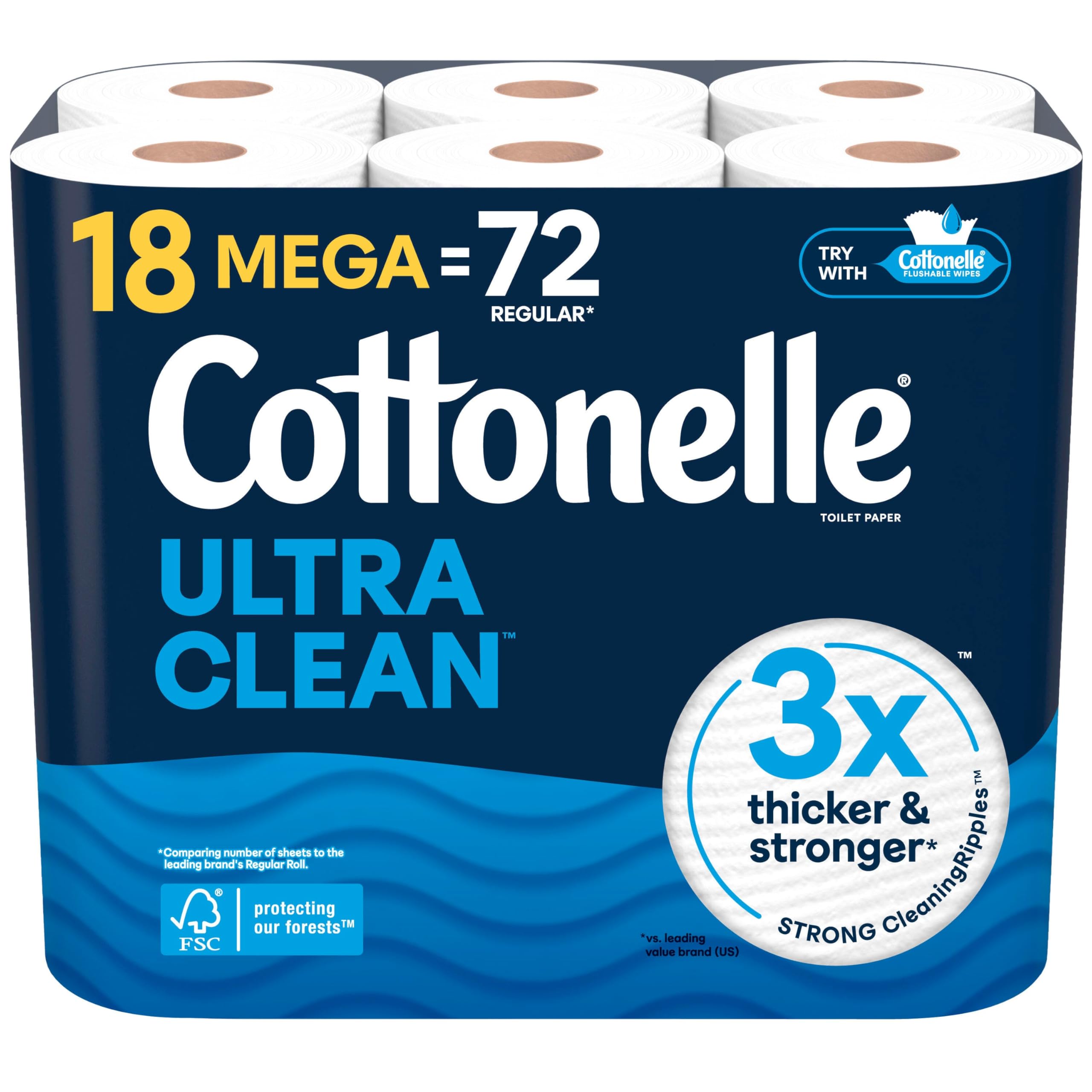 Cottonelle Ultra Clean Toilet Paper, 18 Mega Rolls = 72 Regular Rolls, Packaging May Vary