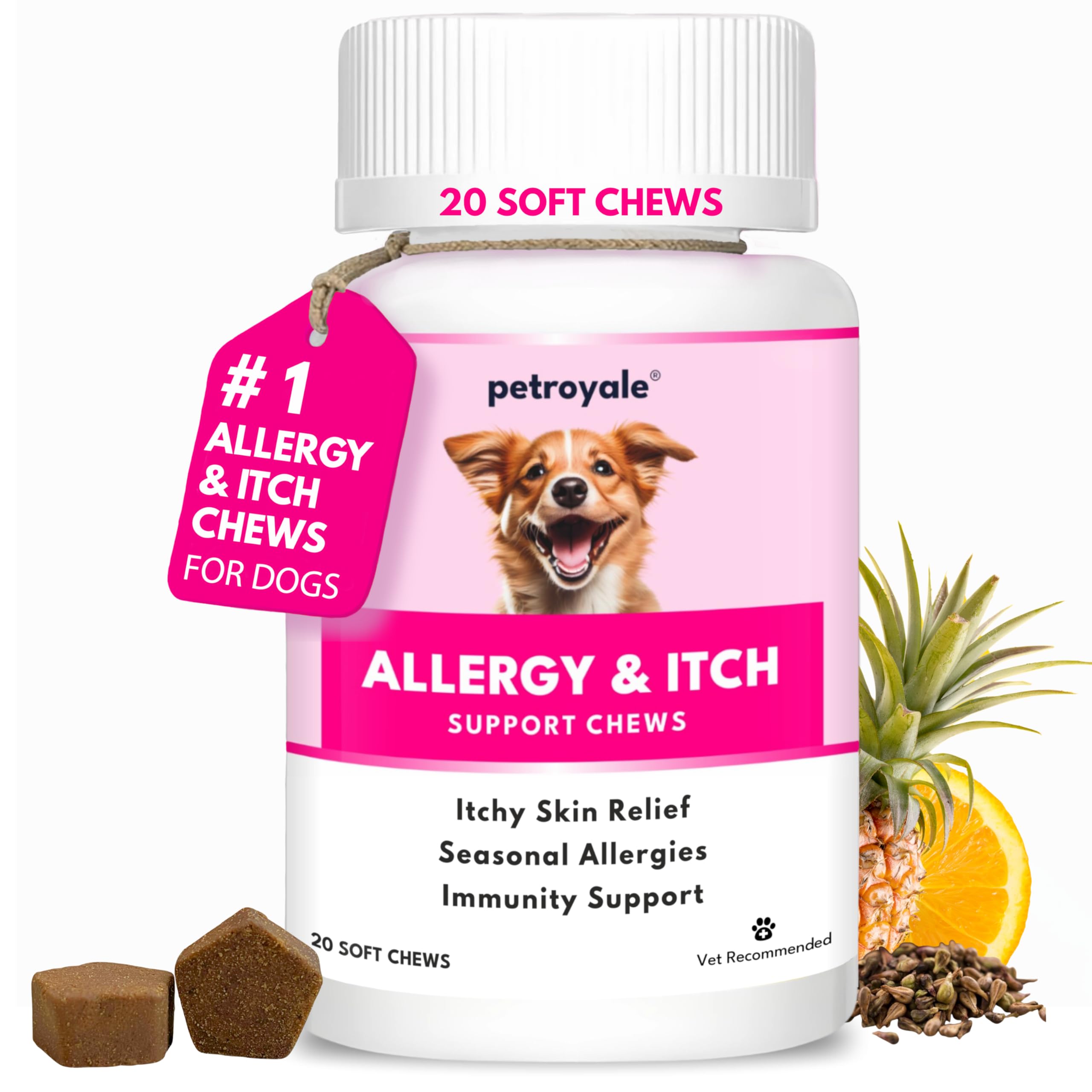 Petroyale Allergy & Itch Chews for Dogs - Anti-Allergy & Anti-itching Supplement - Natural Relief from Allergies, Hot Spots, Dry Skin, Scratching for Dogs - Grape Seed Extract & Rosemary | 20 Chews