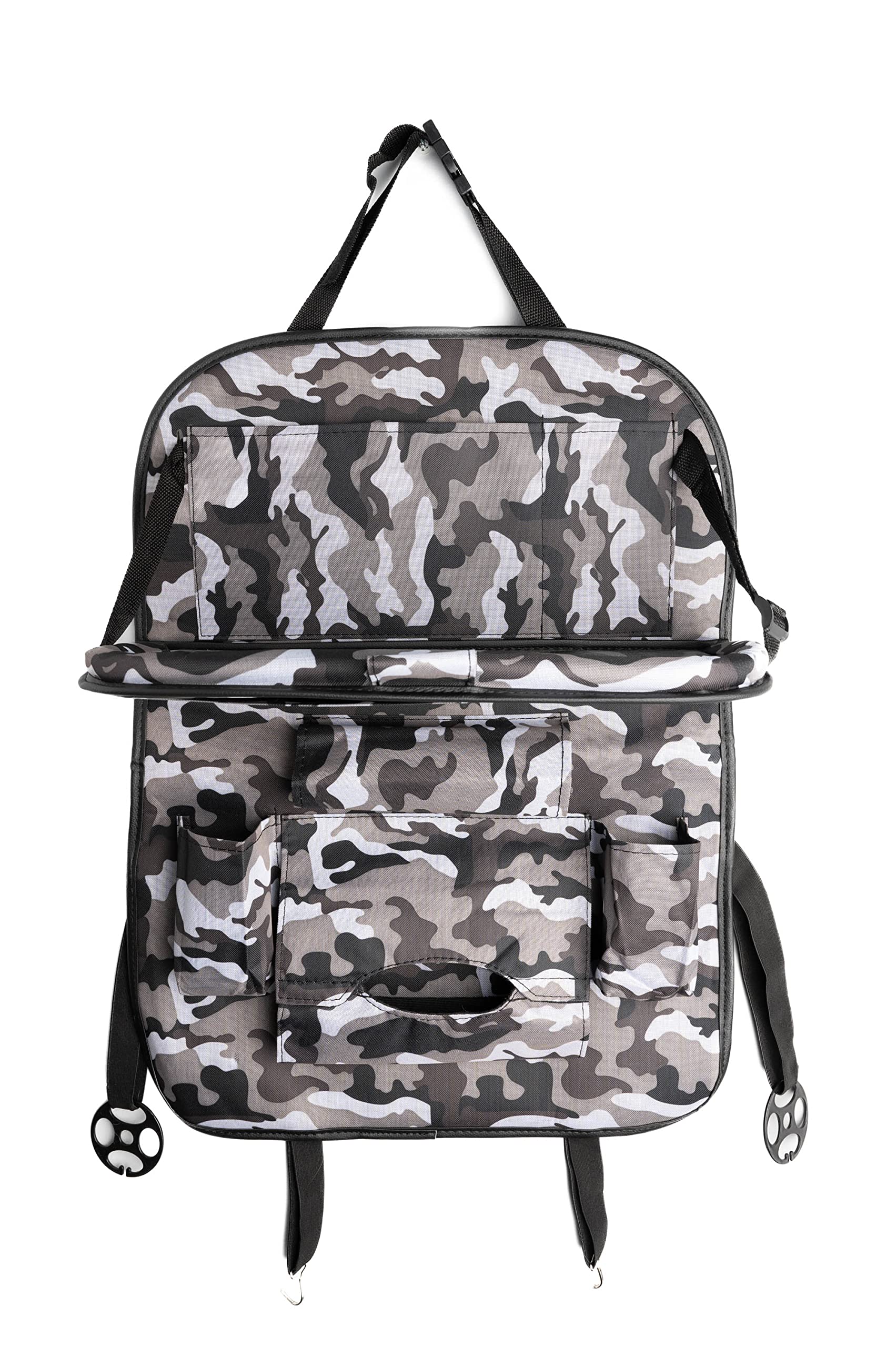 Heavy Duty Car Seat Organizer With Foldable Table Tray, Tablet Holder, 9 Storage Pockets, Car Seat Back Protectors, Car Seat Travel Organizer (Gray Camo -Canvas), XL