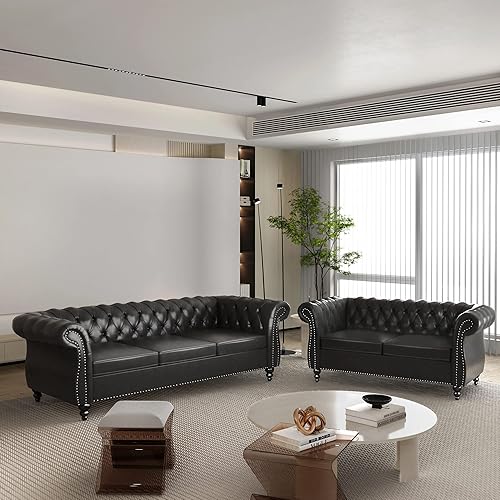 Miniatura 48 de Juego de 2 piezas para sala de estar, sofá loveseat Chesterfield de terciopelo con silla, brazos enrollados y tachuelas para sala de estar, oficina