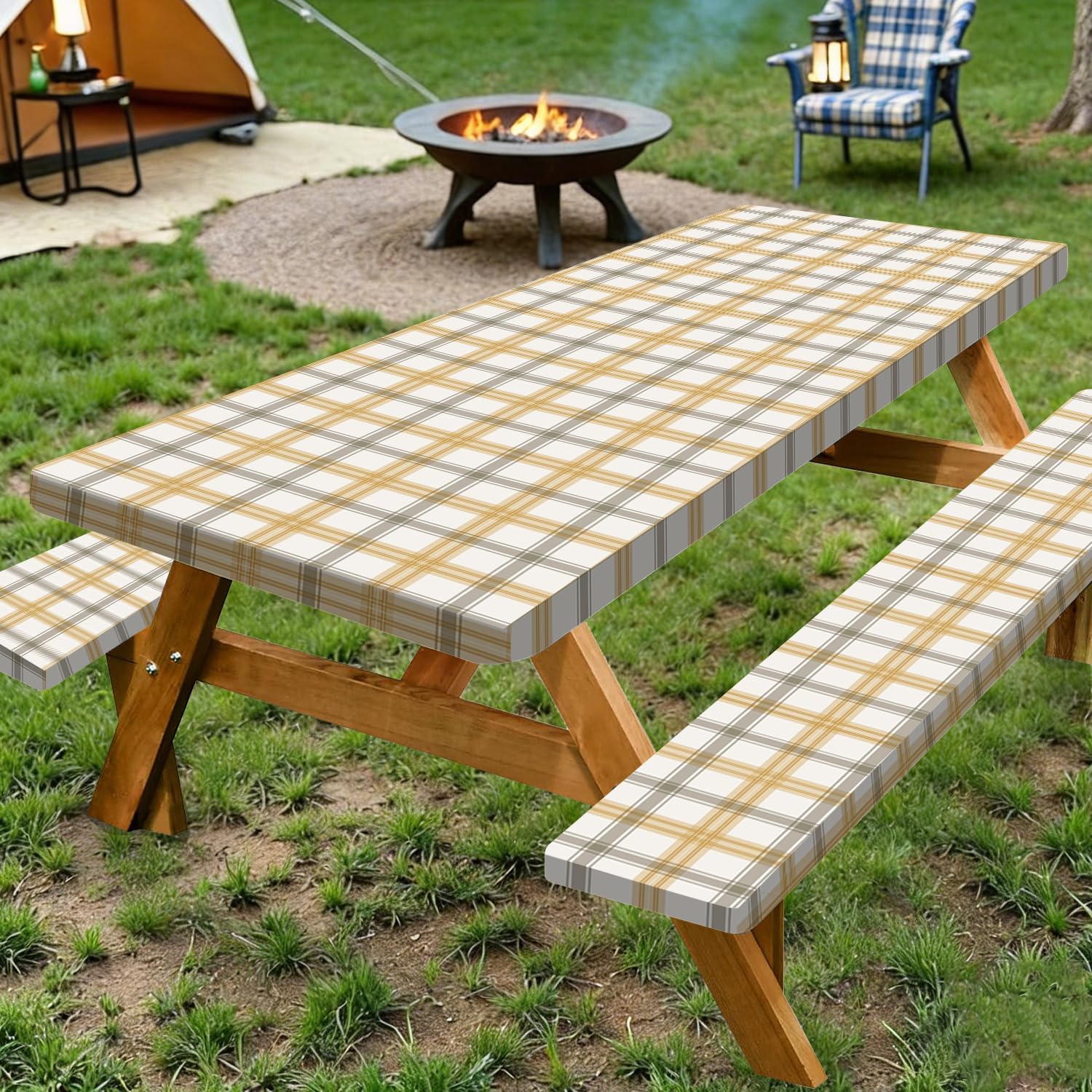 View 1 of Kxyhug Picnic Table Cover with Bench Covers, Fitted Waterproof Picnic Table Covers with Elastic Edges, Reusable Camping Tablecloth, Fits 72" x 30" Tables (Plaid&Yellow)