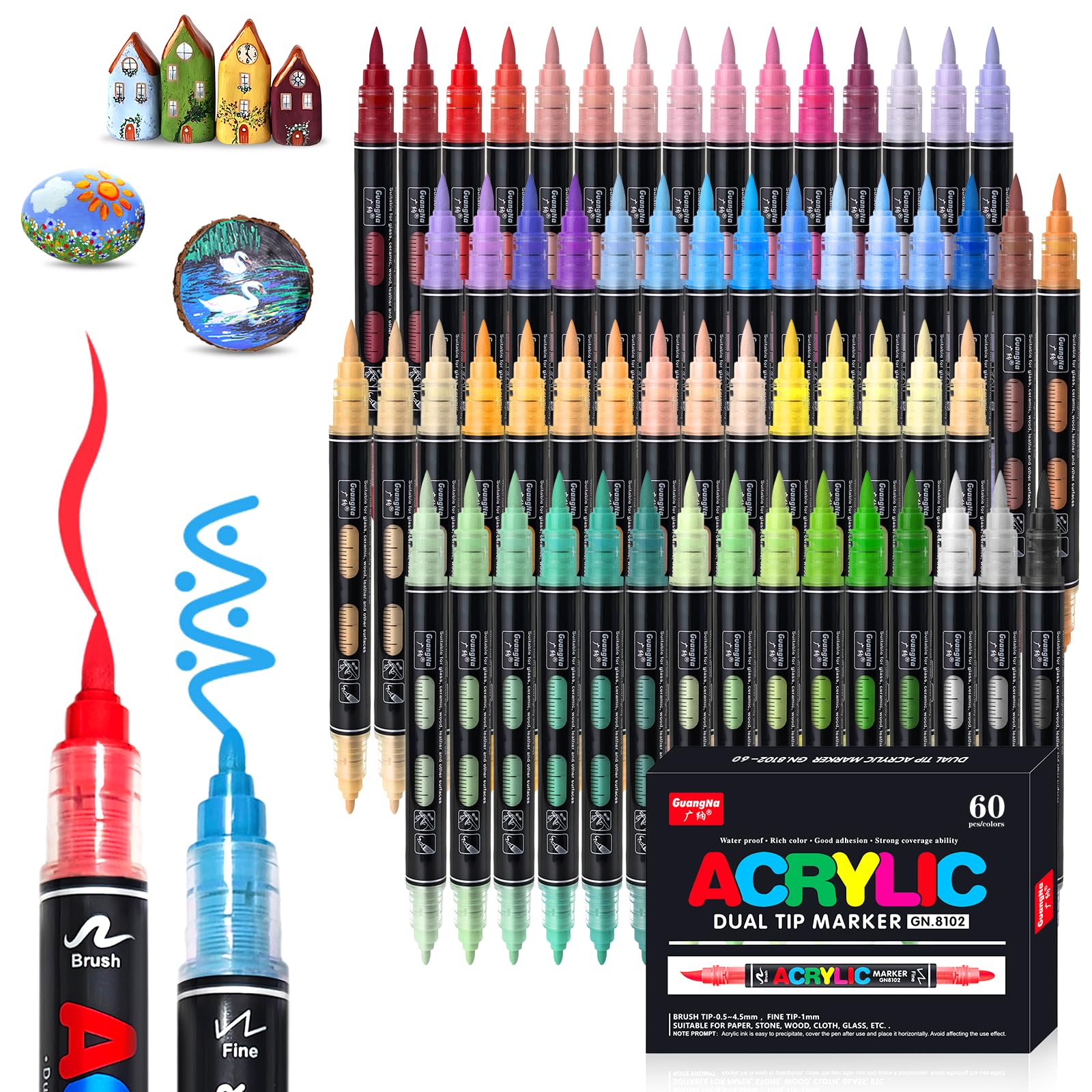 VAKKI Acrylic Markers, 60 Acrylic Markers for Adult Coloring, Double Tip Acrylic Markers, Acrylic Markers for Colouring, Stone, Calligraphy, Wood, Canvas, Glass, Ceramic