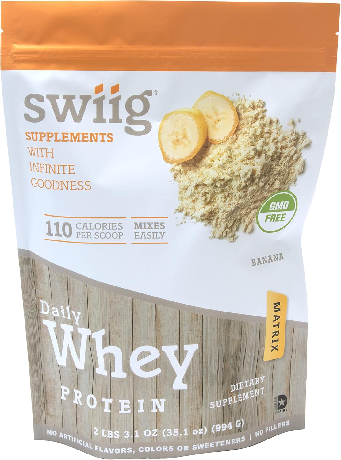 swiig Premium Daily Whey Protein, Banana 2.2lb - 20g Protein, Gluten-Free, Non-GMO, No Fillers, No Artificial Flavors, Enhanced with Amino Acids, All Natural Formula