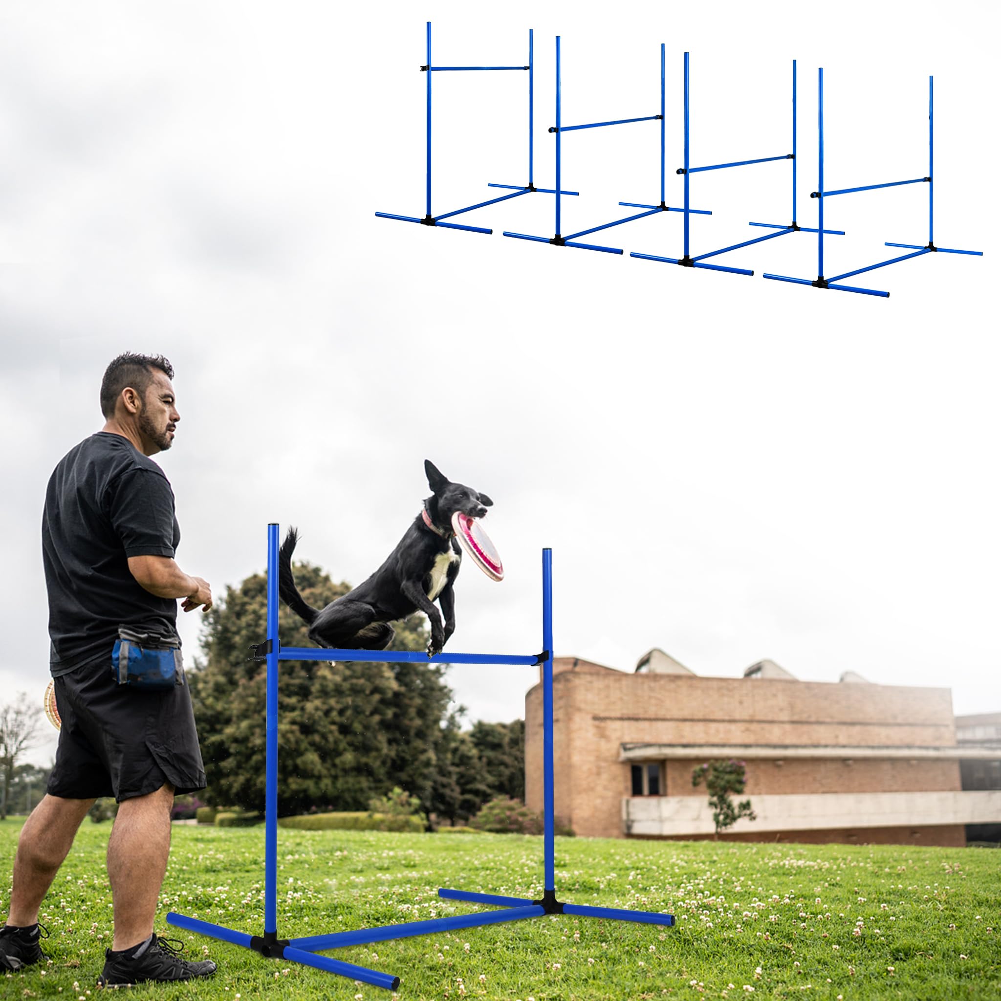 AufuN Hunde Agility Set, 4X Höhenverstellbare Hürden + Slalomstäbe inkl. Tragetasche, Hürdenset Trainingsgerät für Hundeschulen & Heimgebrauch, 104x70x101 cm, Blau