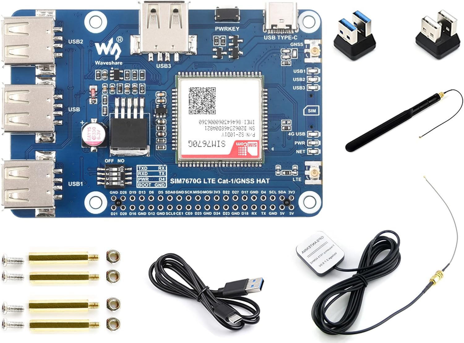 SIM7670G LTE Cat-1/GNSS HAT Board for Raspberry Pi 5/ 4B/ 3B+/3B/ Zero W/Zero 2W, Support Global Multi-Band LTE 4G Cat-1/ GNSS Positioning/Dial-up on Windows/Linux/, with 3X USB 2.0 Extended Ports