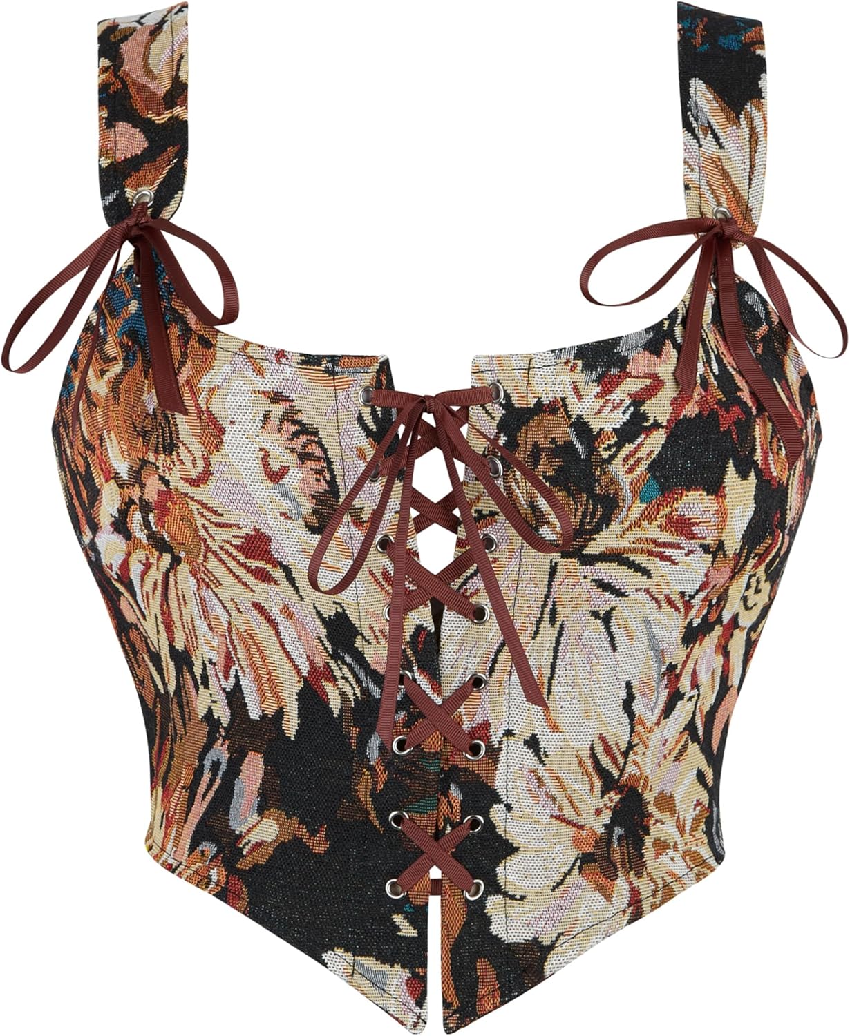 Dreay Womens Vintage Floral Print Grommet Lace Up Tie Front Corset Bustier Shapewear Top
