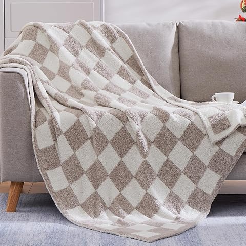 WRENSONGE Fall Checkered Throw Blanket, Taupe Soft Cozy Fluffy Warm Throw Blankets for Couch, Sofa, Chair, Bed, Camping, Picnic, Office,Travel Lightweight Bed Blanket - 50