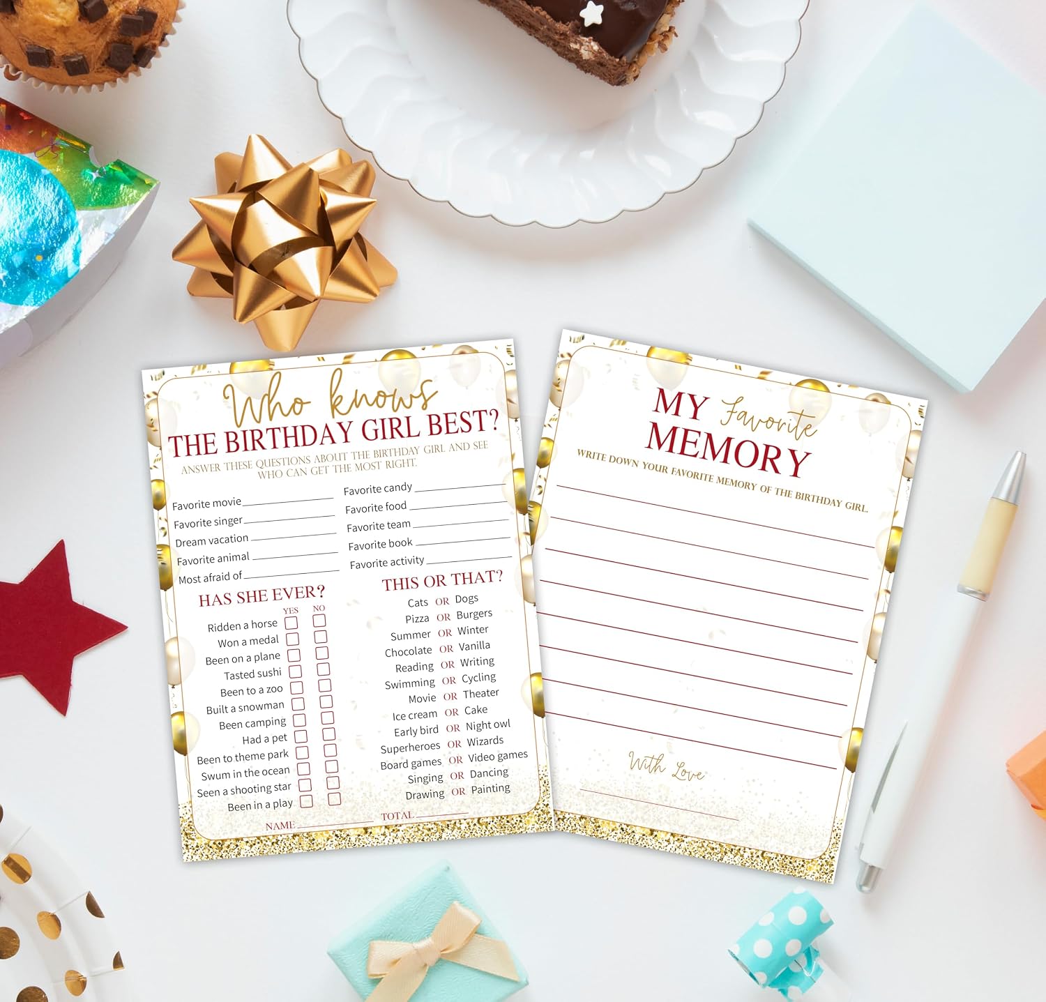 Who Knows The Birthday Girl Best & Favorite Memory - 20Pcs Birthday Double-Sided Game Cards - Golden Balloon Birthday Game Cards for Girls - Birthday,Sleepover Party & Acticities Supplies - A03 image 5