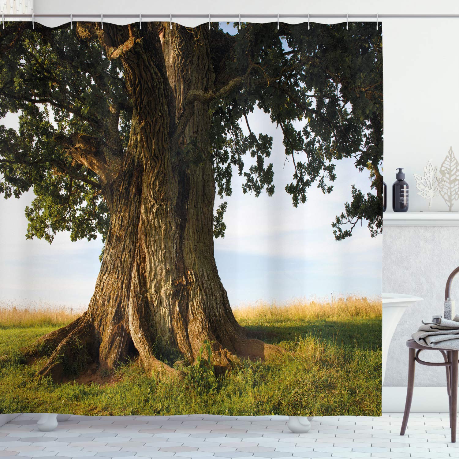 ABAKUHAUS Nature Shower Curtain, Majestic Oak Tree on Grass Estonia Northern Europe Rural in Summer Landscape