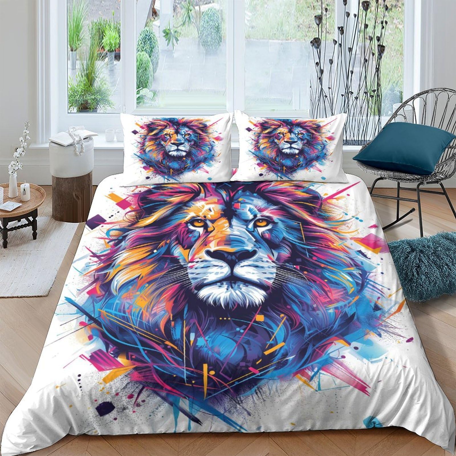 Housse de couette lion 3D facile à laver avec fermeture éclair, parure de lit 200x200 sans repassage