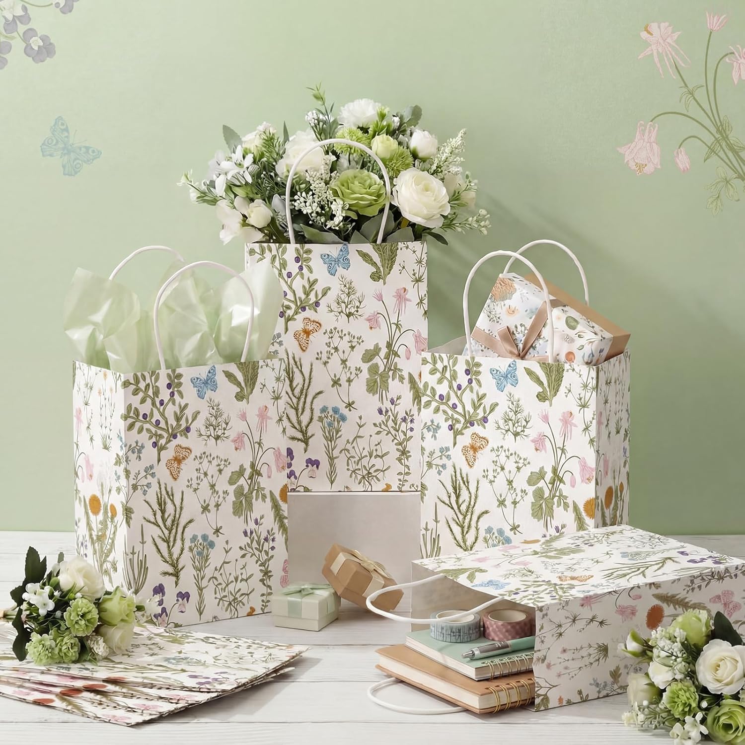 Cholemy 50 Pieces Wildflower Gift Bags Floral Butterfly Kraft Paper Tote Bags with Handles for Wedding Bridal Shower Bachelorette Birthday Baby Shower Party, 5.91 x 3.15 x 8.27 Inches - Image 3