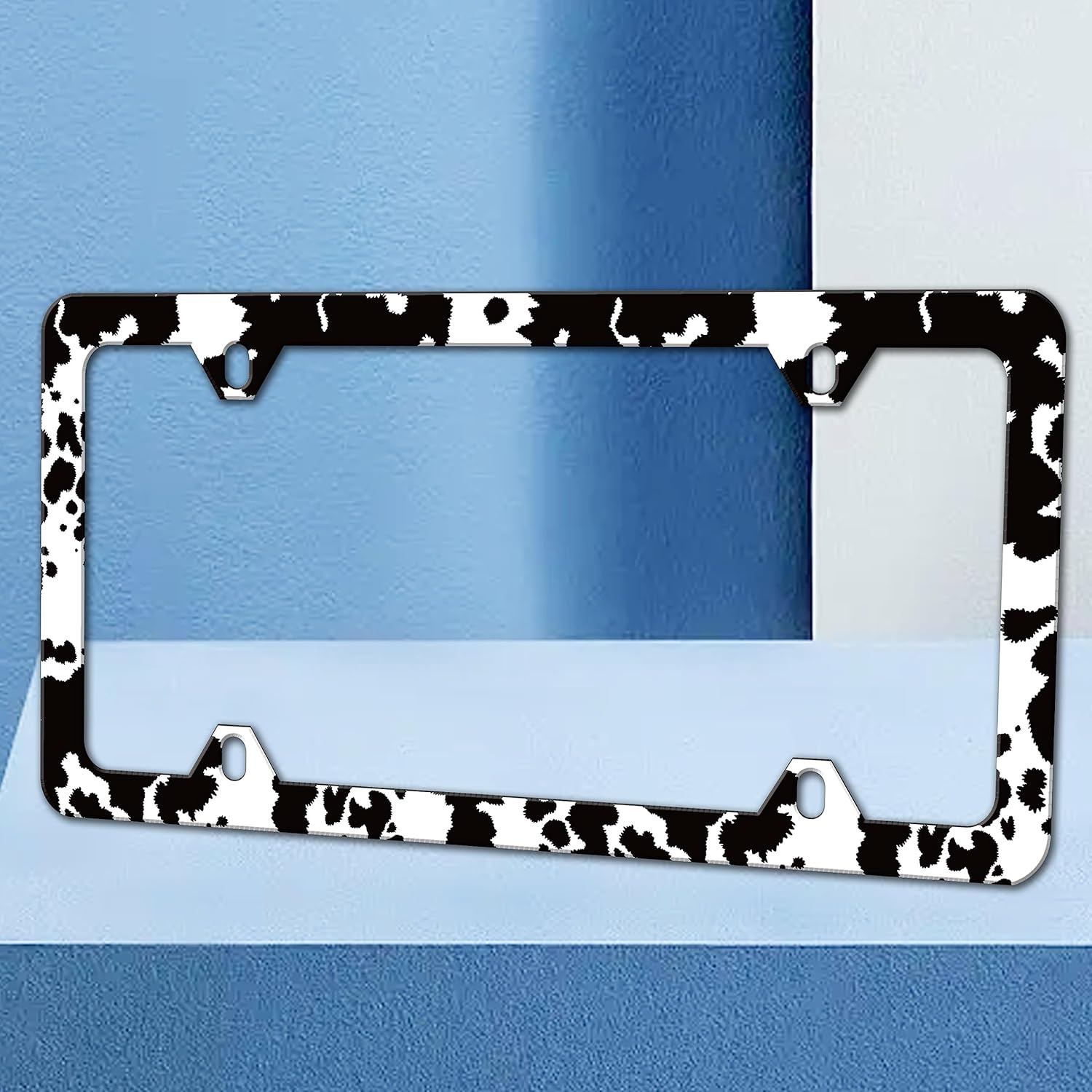 2 Pack Black and White Cow Print License Plate Frame Funny Spots License Plate Frames Animal Pattern Auto Accessory Bracket Stainless Steel License Plate Holder with Screws for Women Men 6x12 Inch
