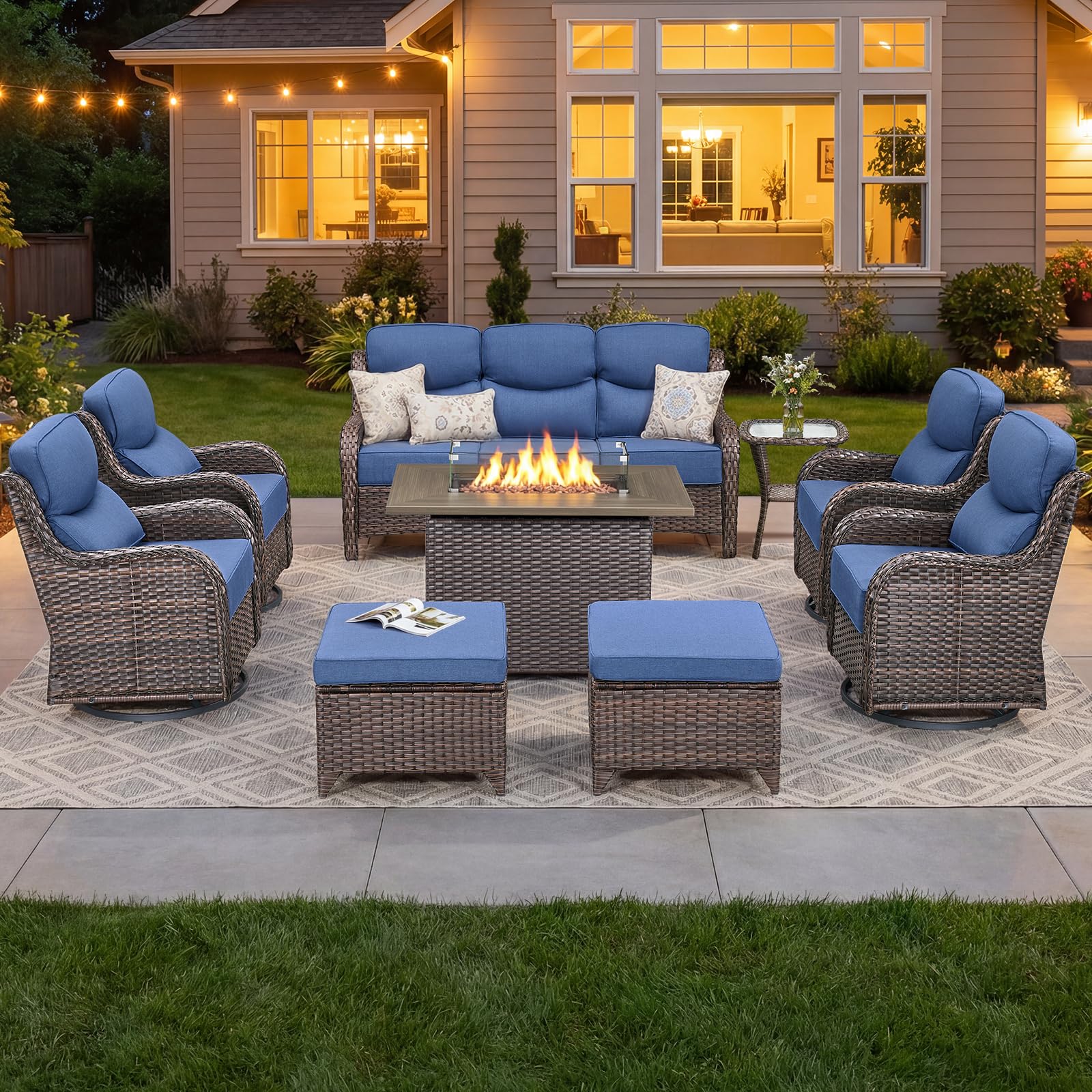 Luxury Patio Furniture Set with 6-inch Thick Cushion, Outdoor Furniture with Fire Pit Table, Swivel Chairs, Sofa, Side Table, Ottomans, 9pcs Wicker Conversation Set (Brown Wicker | Blue Cushion)