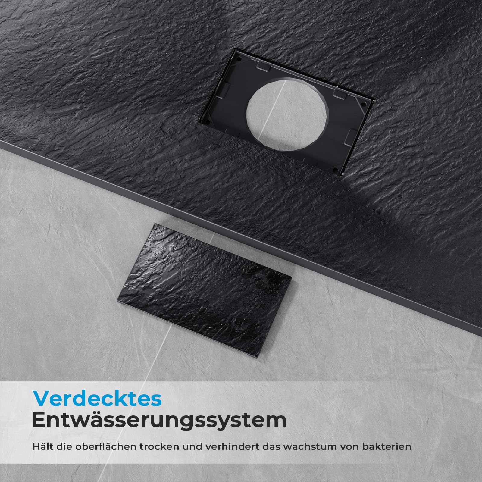 Heilmetz SMC Duschwanne 80 x 80 cm flache 2,6 cm, Steinoptik Schwarz