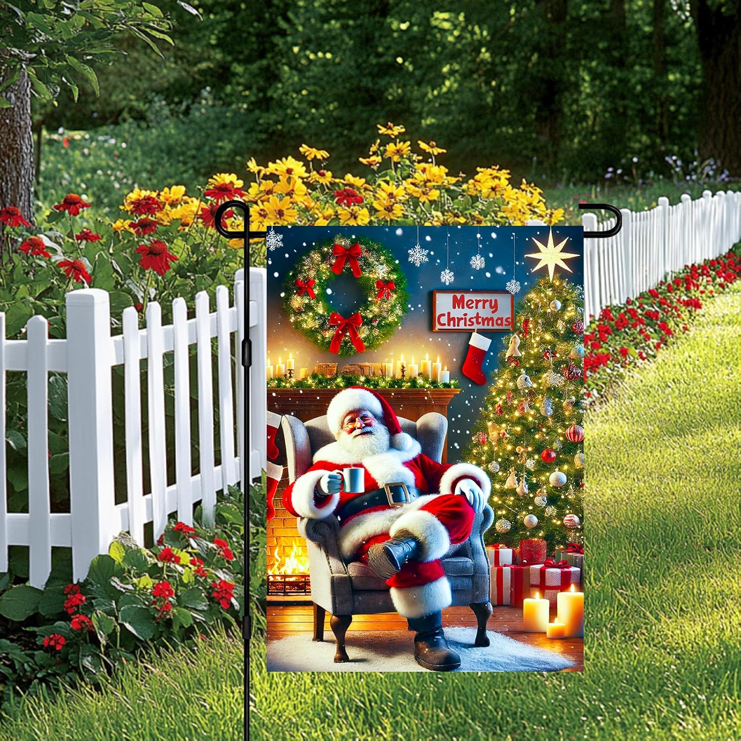 Merry Christmas Garden Flag 12x18 Inch Santa by Fireplace Tree Flag Snowy Winter Outdoor Yard Decor House Banner Porch Lawn Patio Home Decoration - Image 2