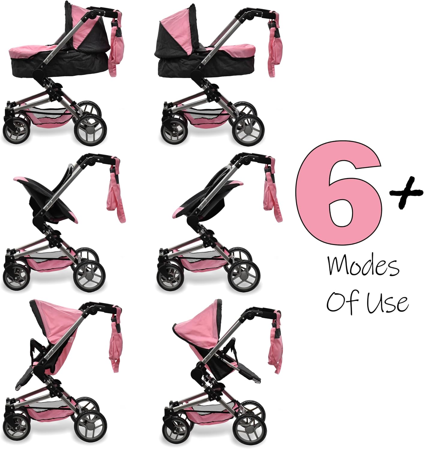Baby Doll Convertible Stroller 3 in 1 Bassinet and Rear Facing Seat Buggy Foldable Toy Pram for Girls Toddlers Kids Swiveling Wheels Travel System Carriage Combo