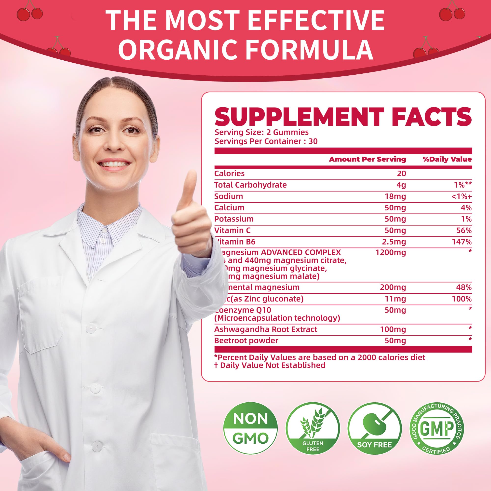 Magnesium Glycinate Gummies 1200mg - Sugar Free Magnesium Potassium Supplement with Vitamin B6, CoQ10 for Calm Mood & Sleep Support - 120 Cherry Gummies -2 Pack.